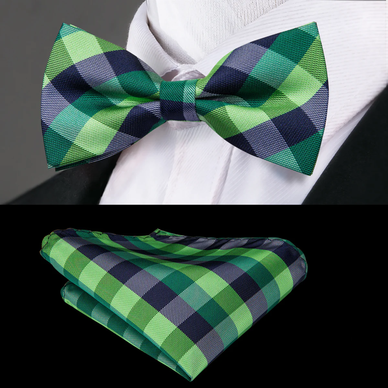 Green and blue plaid bow tie and pocket square set on a white shirt.