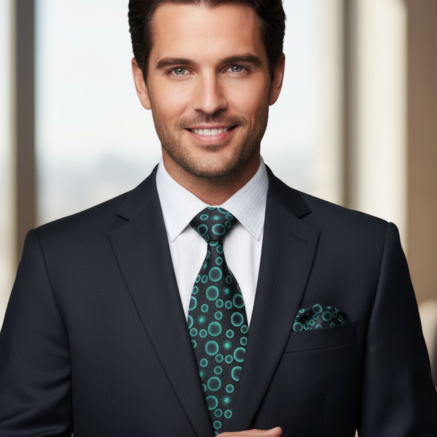 Man wearing a dark suit with a green patterned tie and matching pocket square.