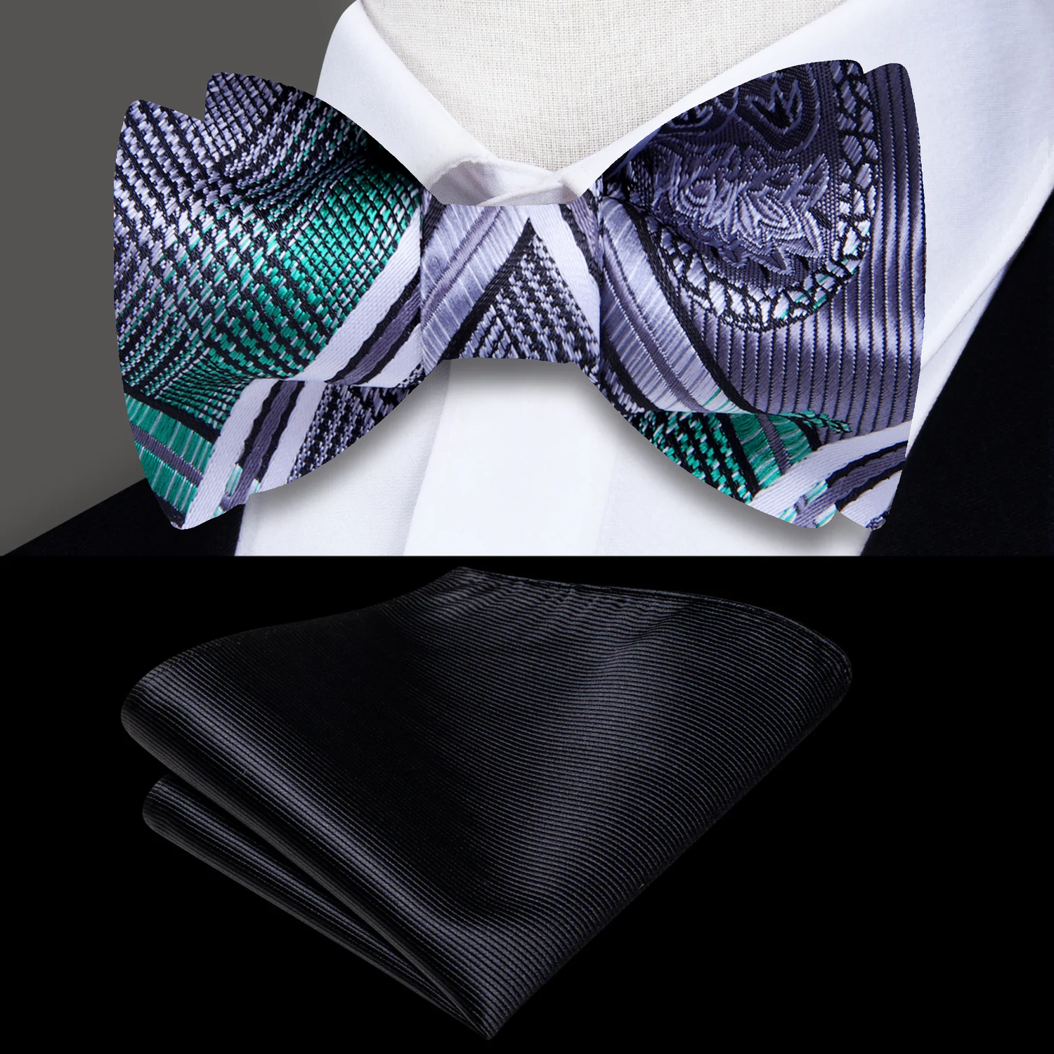 Silver and green with black paisley and plaid bow tie and black square