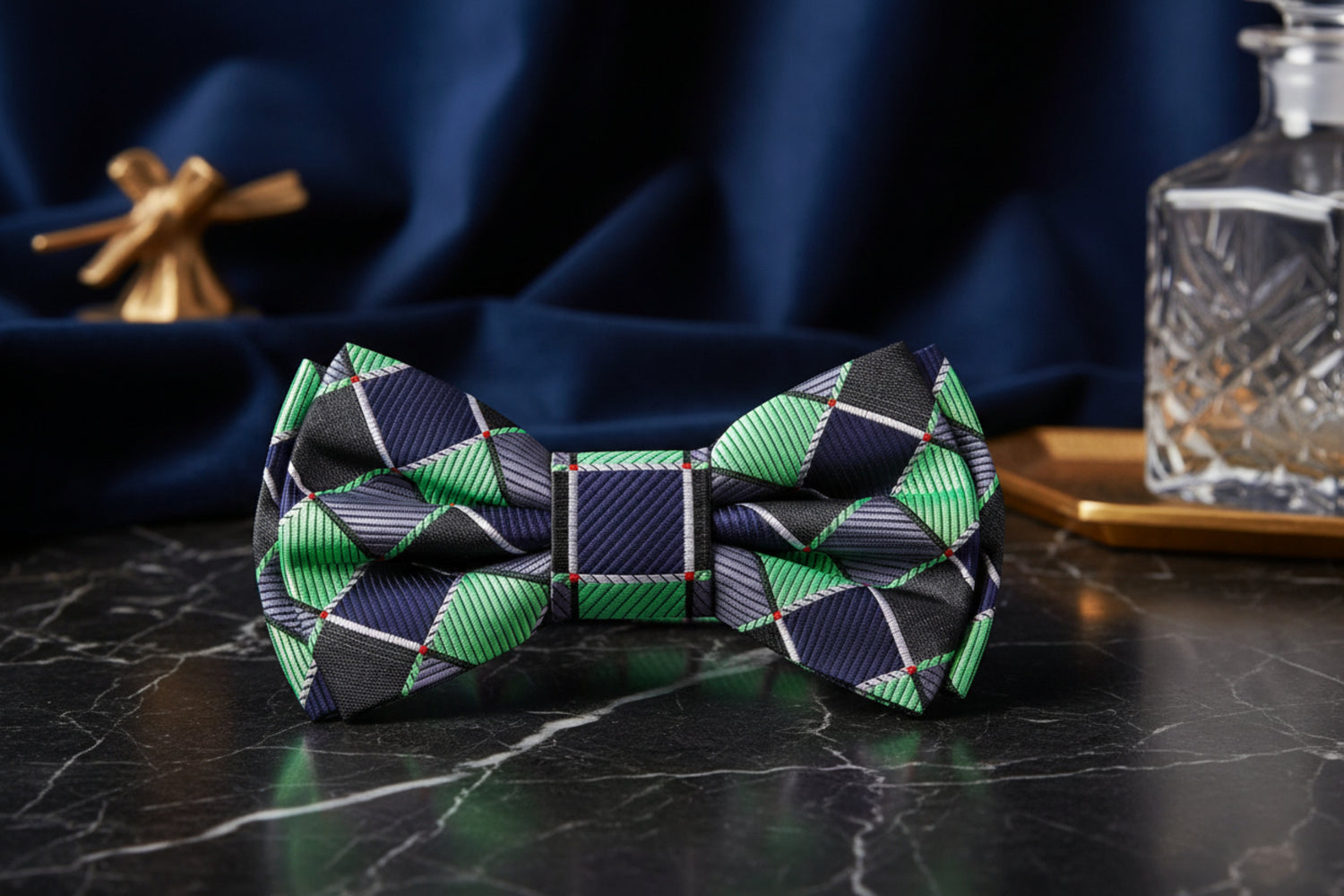 Green. Dark Blue, Grey Geometric Bow Tie Pre Tied