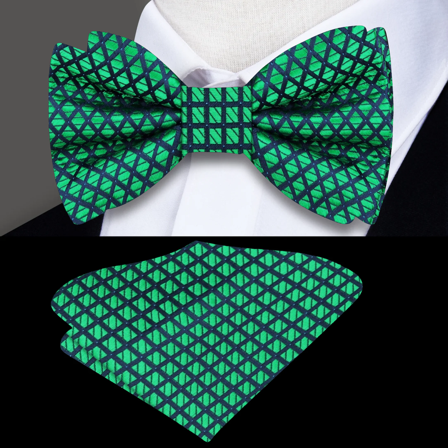 Main View: A Green, Black Geometric Check Pattern Bow Tie, Matching Pocket Square