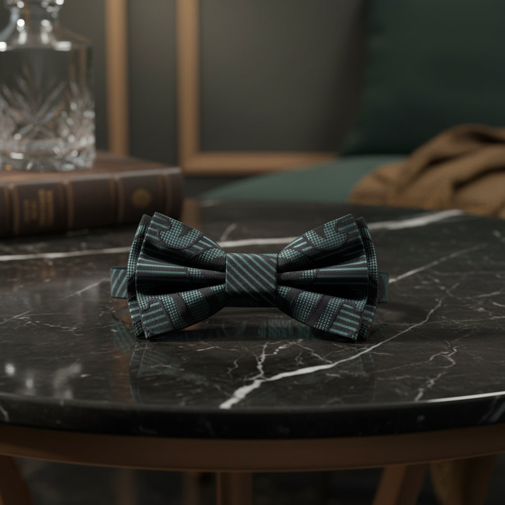 Green, Black Paisley Bow Tie Pre Tied