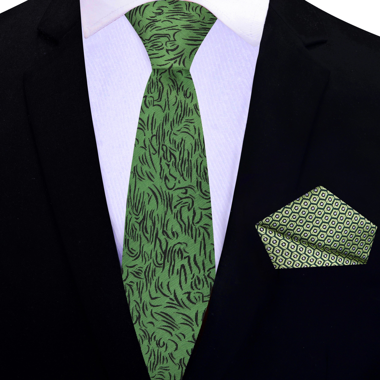Thin Premium Green and black abstract necktie and accenting pocket square