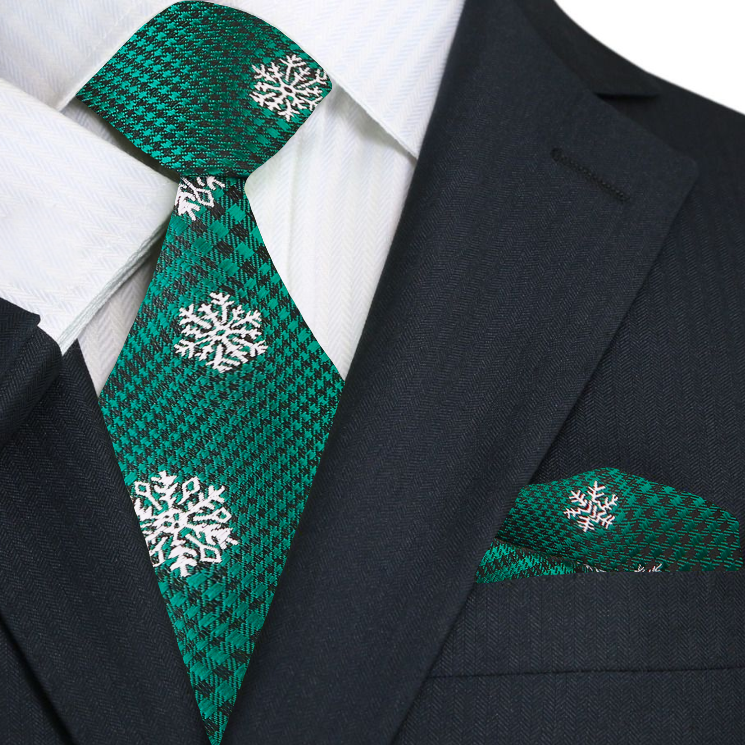 Premium Green White Snowflake Tie and Pocket Square