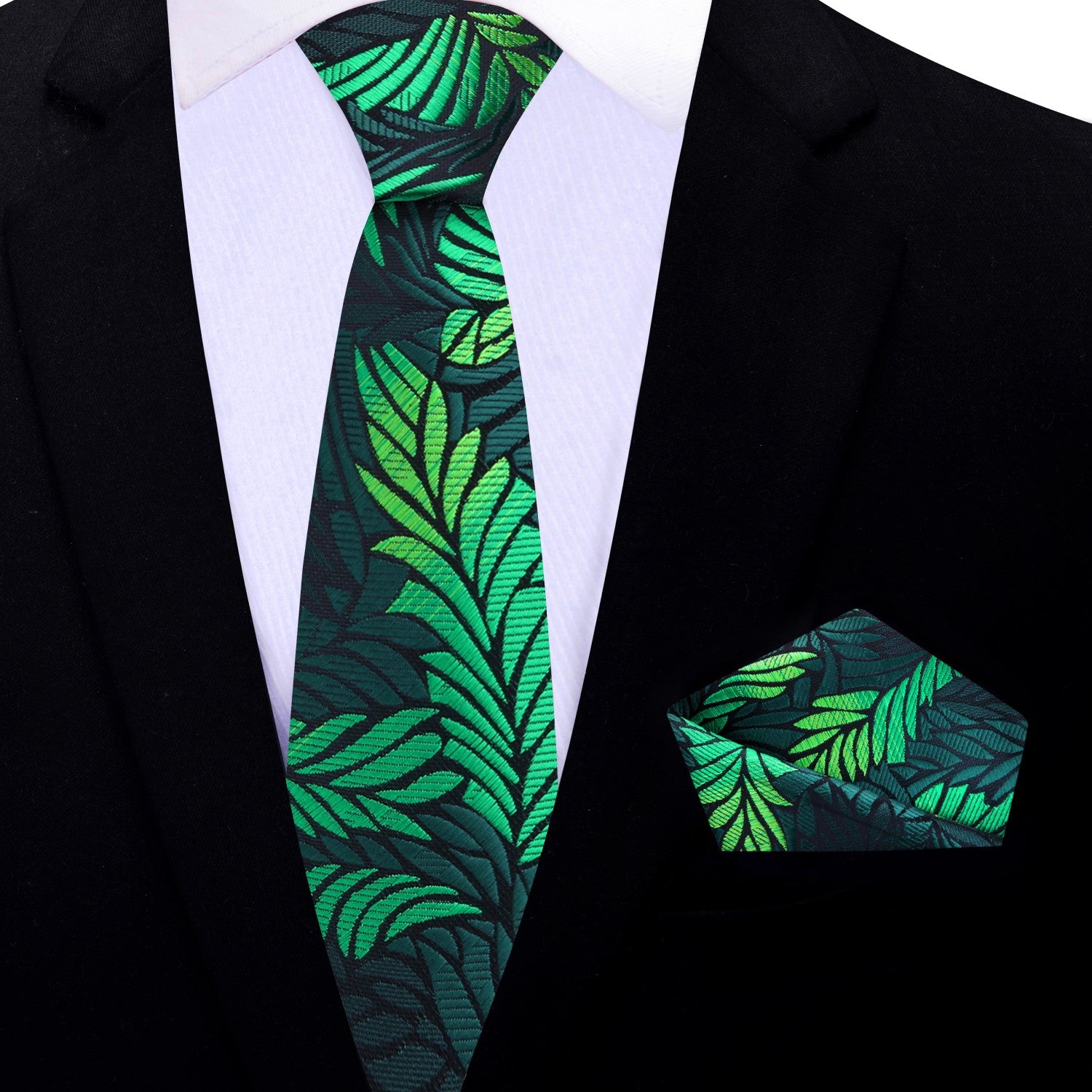 Thin Green Feather Necktie and Square