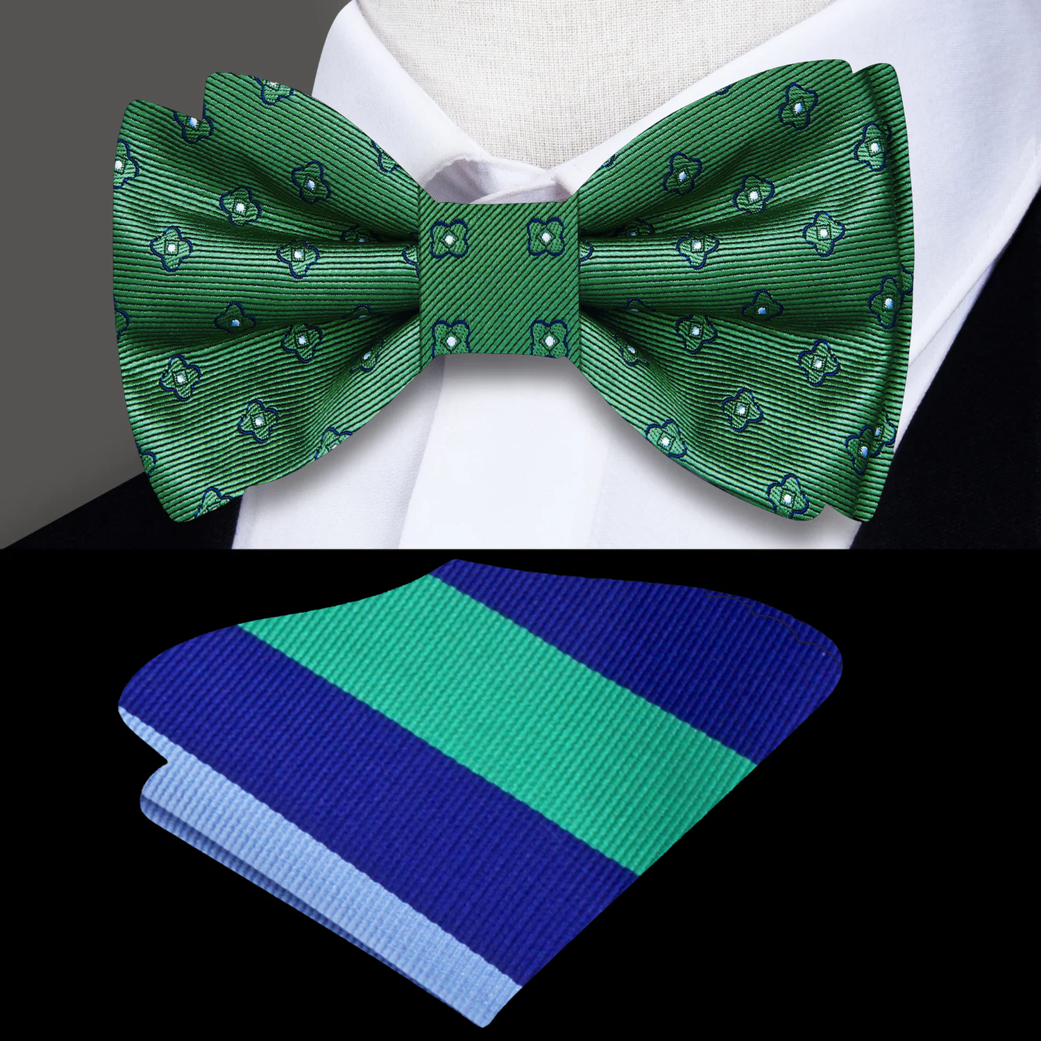 Green bow tie with pattern and blue and green striped pocket square on a white shirt.
