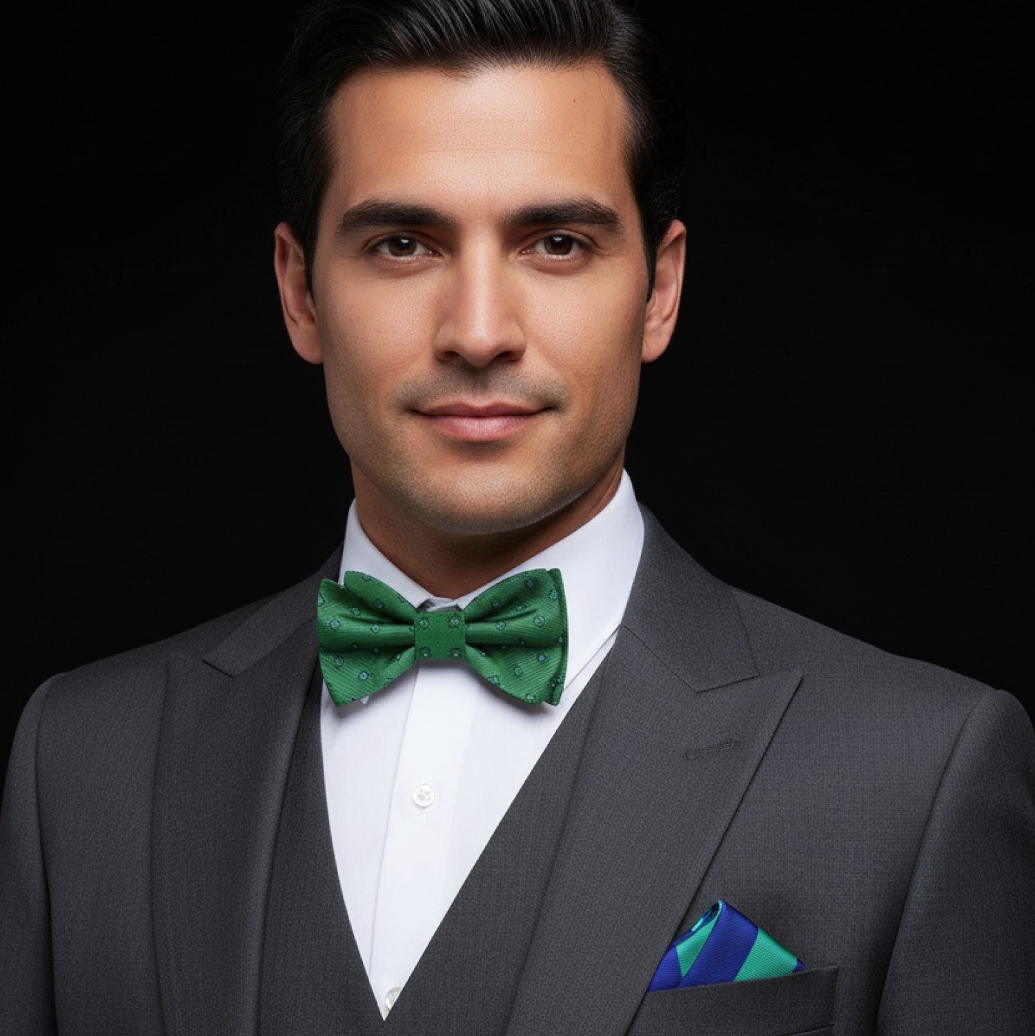 Man wearing a gray suit with a green bow tie on a black background