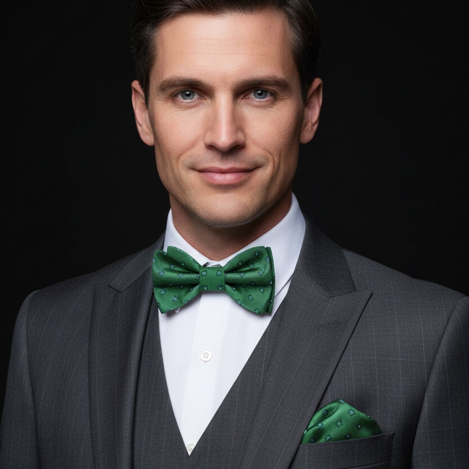 Man wearing a gray suit with a green bow tie and pocket square on a black background