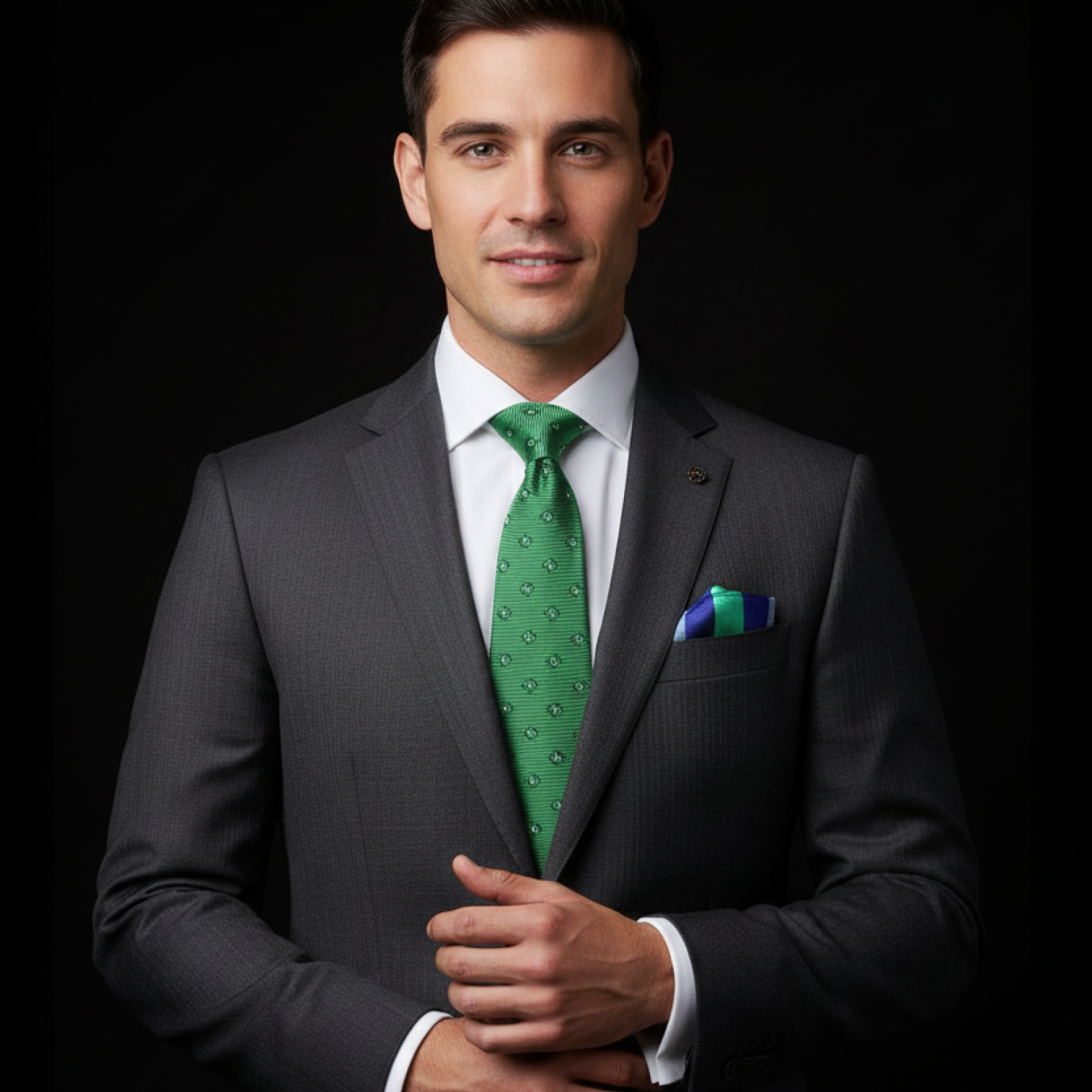 Man wearing a gray suit with a green tie and white shirt against a black background