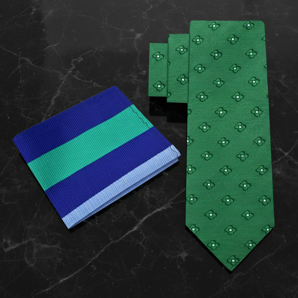 Set of green and blue striped tie and stripe pocket square 