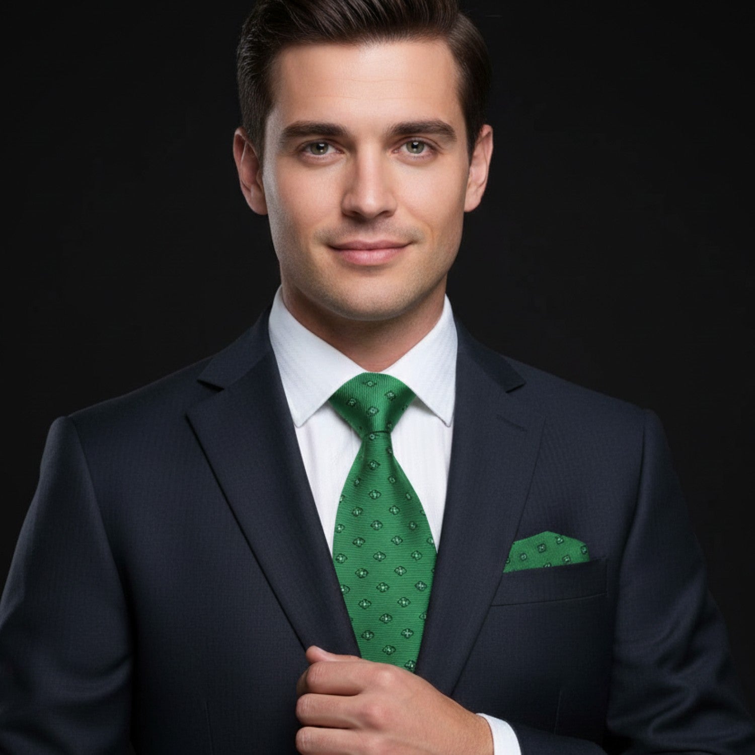 Man wearing a dark suit with a green tie and pocket square on a black background