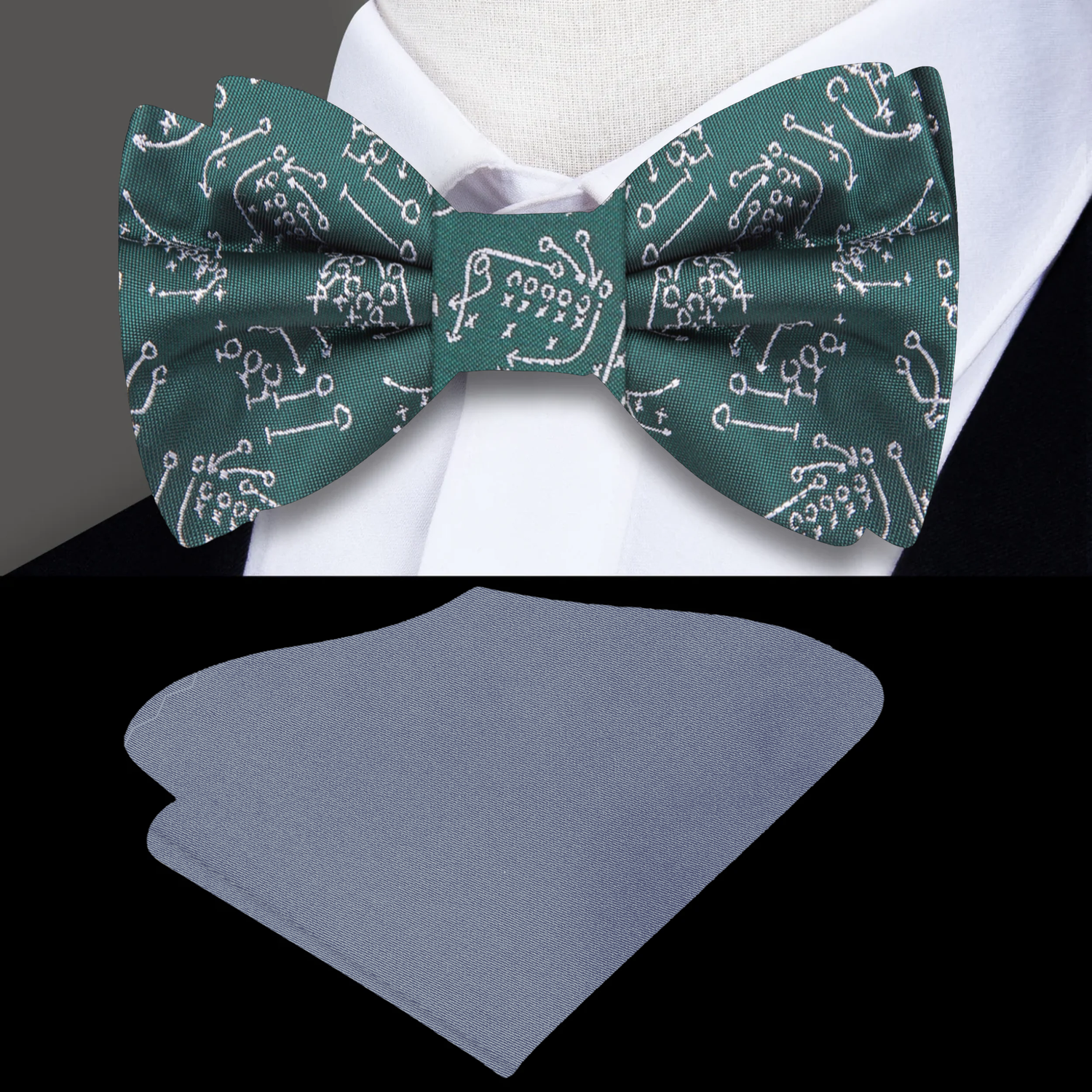 A green and grey offensive football plays bow tie displayed on a mannequin and a close-up of the fabric alone.