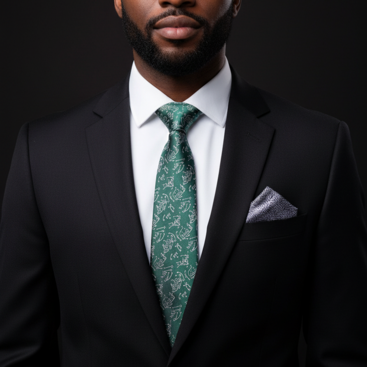Man wearing a black suit with a green patterned tie against a dark background