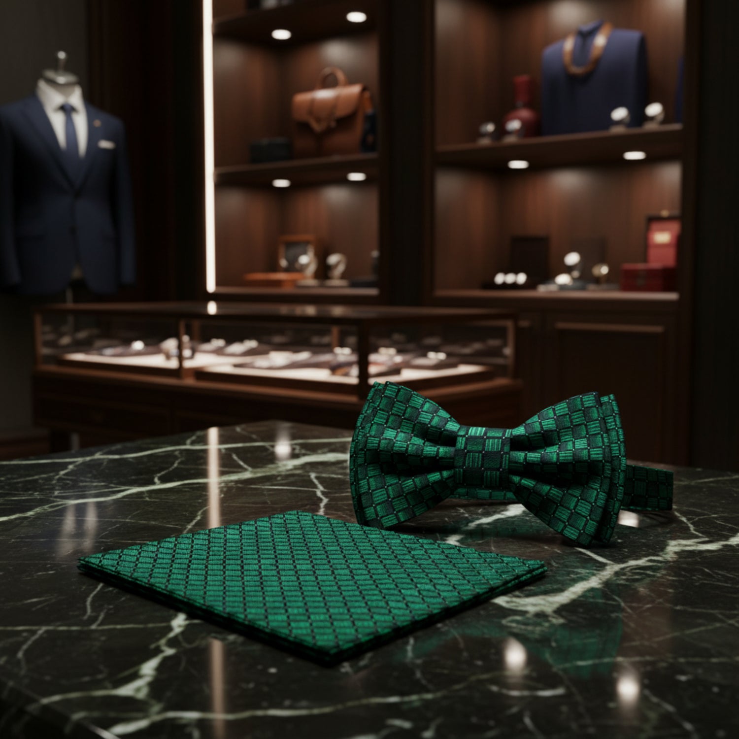 A matching men's accessory set featuring a pre-tied bow tie and a folded pocket square, both in a dark green and black woven basketweave pattern, displayed on a black marble table background.