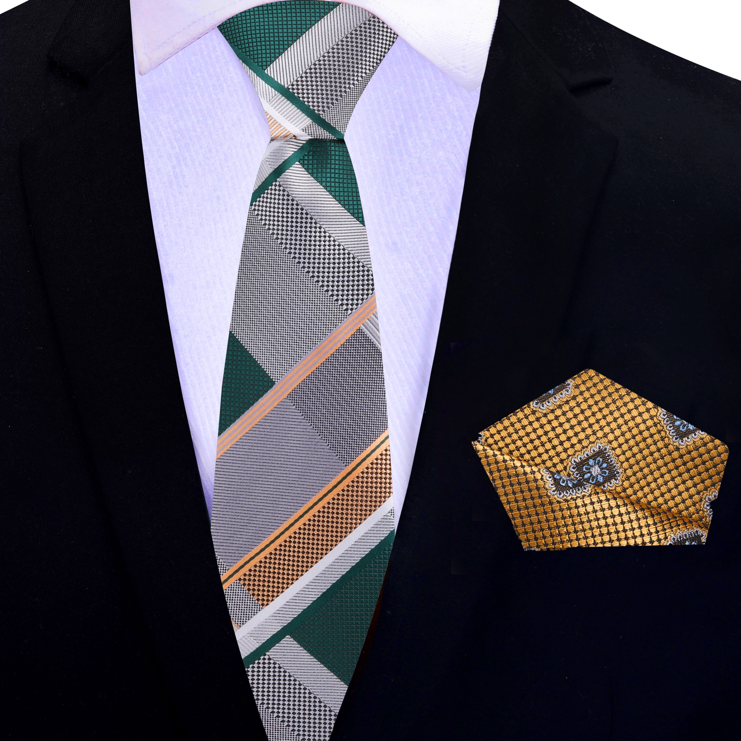 Green Gold Grey Omega Thin Necktie and Accenting Square