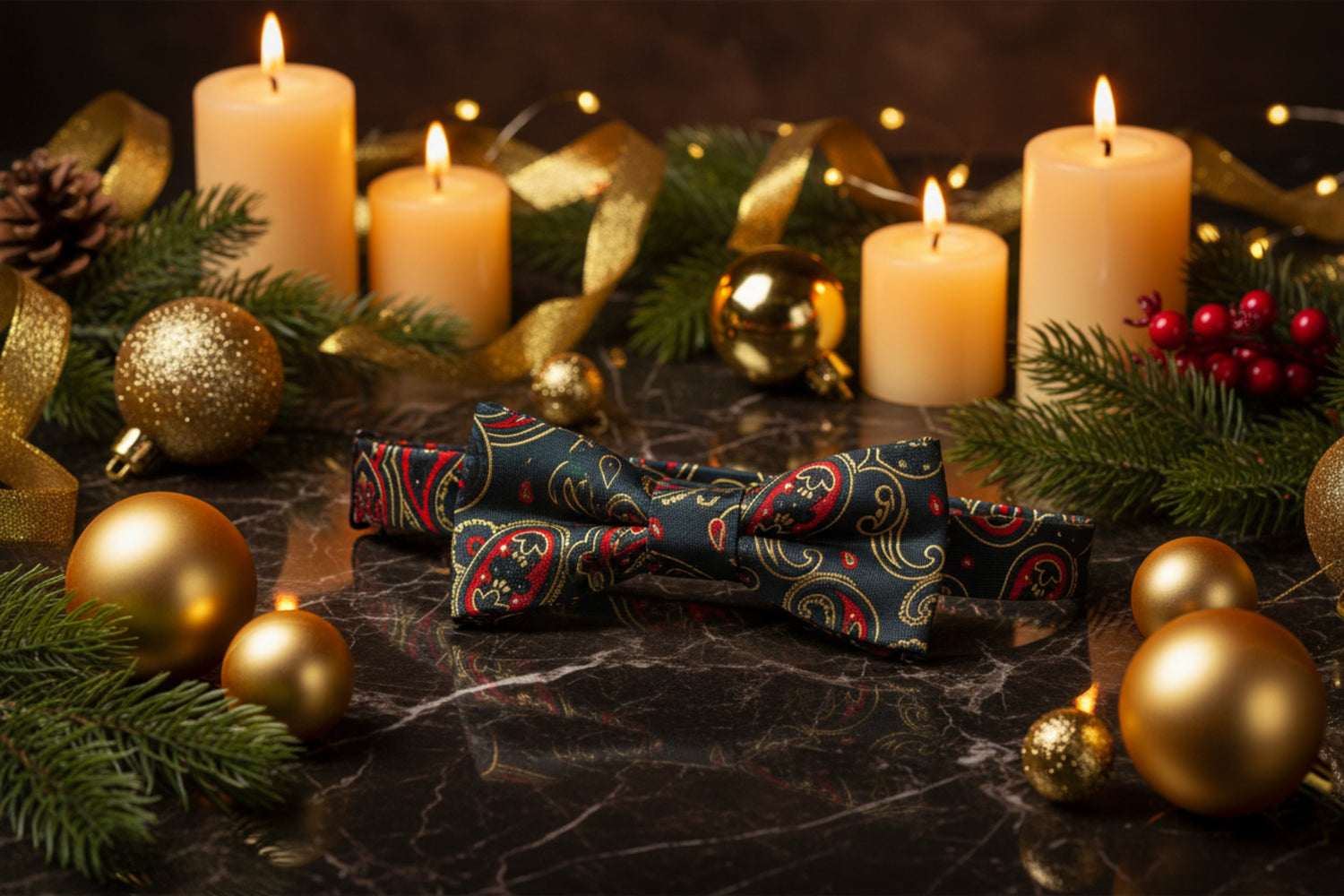 Green, Red, Gold Paisley Bow Tie Self Tie