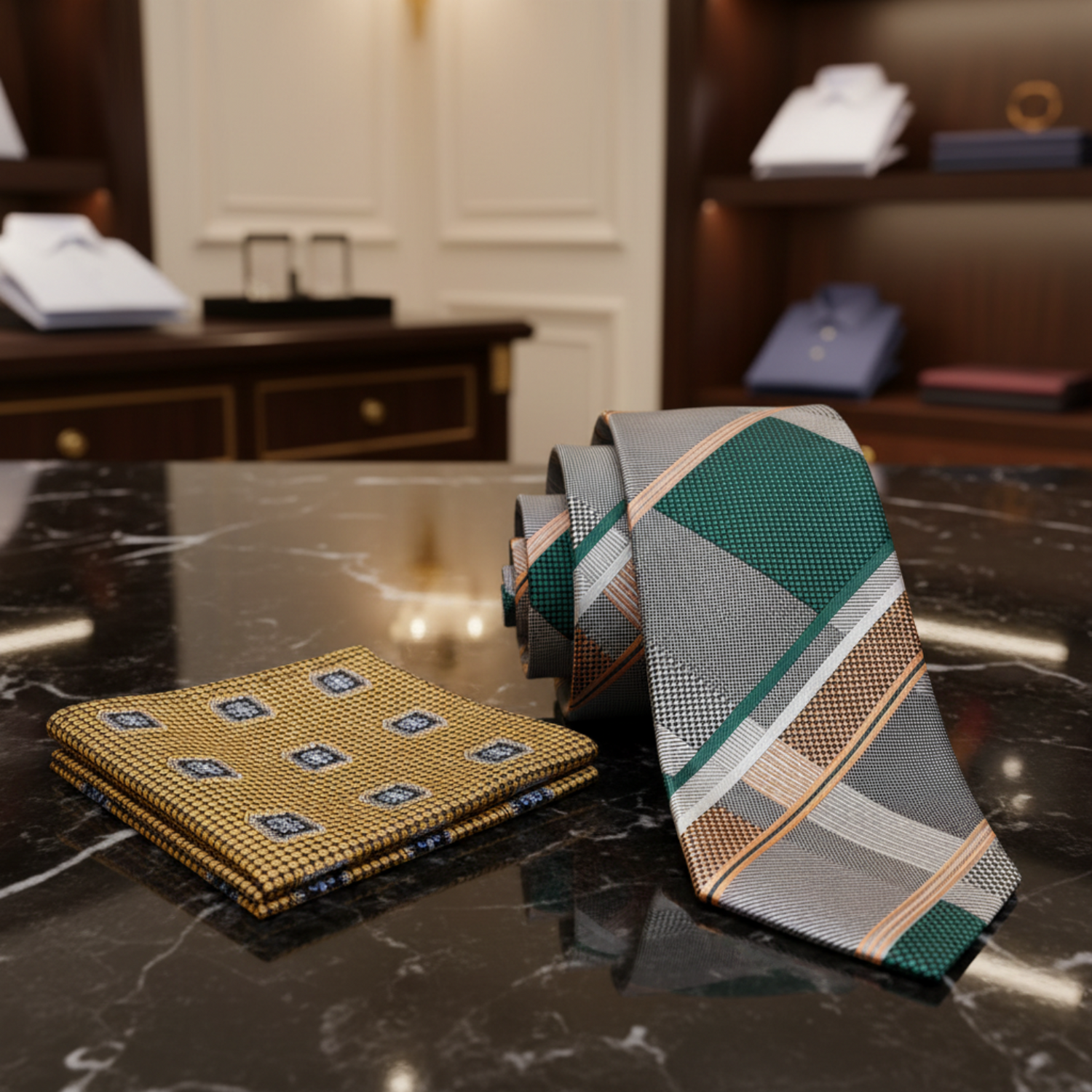 Alt Grey, Green, Gold Geometric Diamonds Plaid Tie and Accenting Gold Pocket Square
