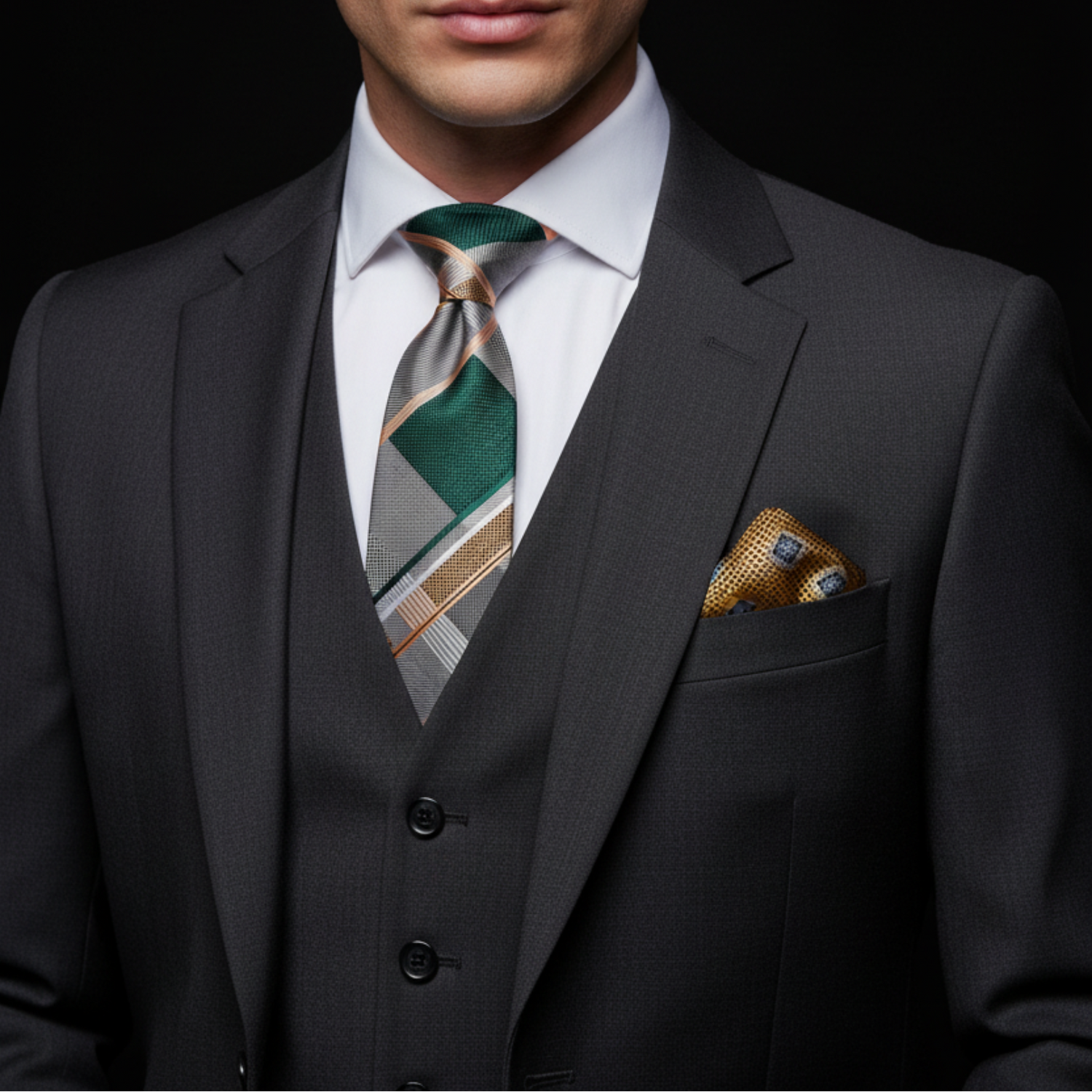 Man wearing a dark gray suit with a patterned tie and pocket square against a black background