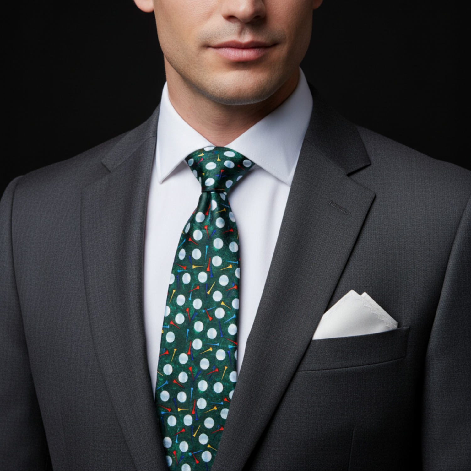 Man wearing a gray suit with a green polka dot tie and white pocket square on a black background