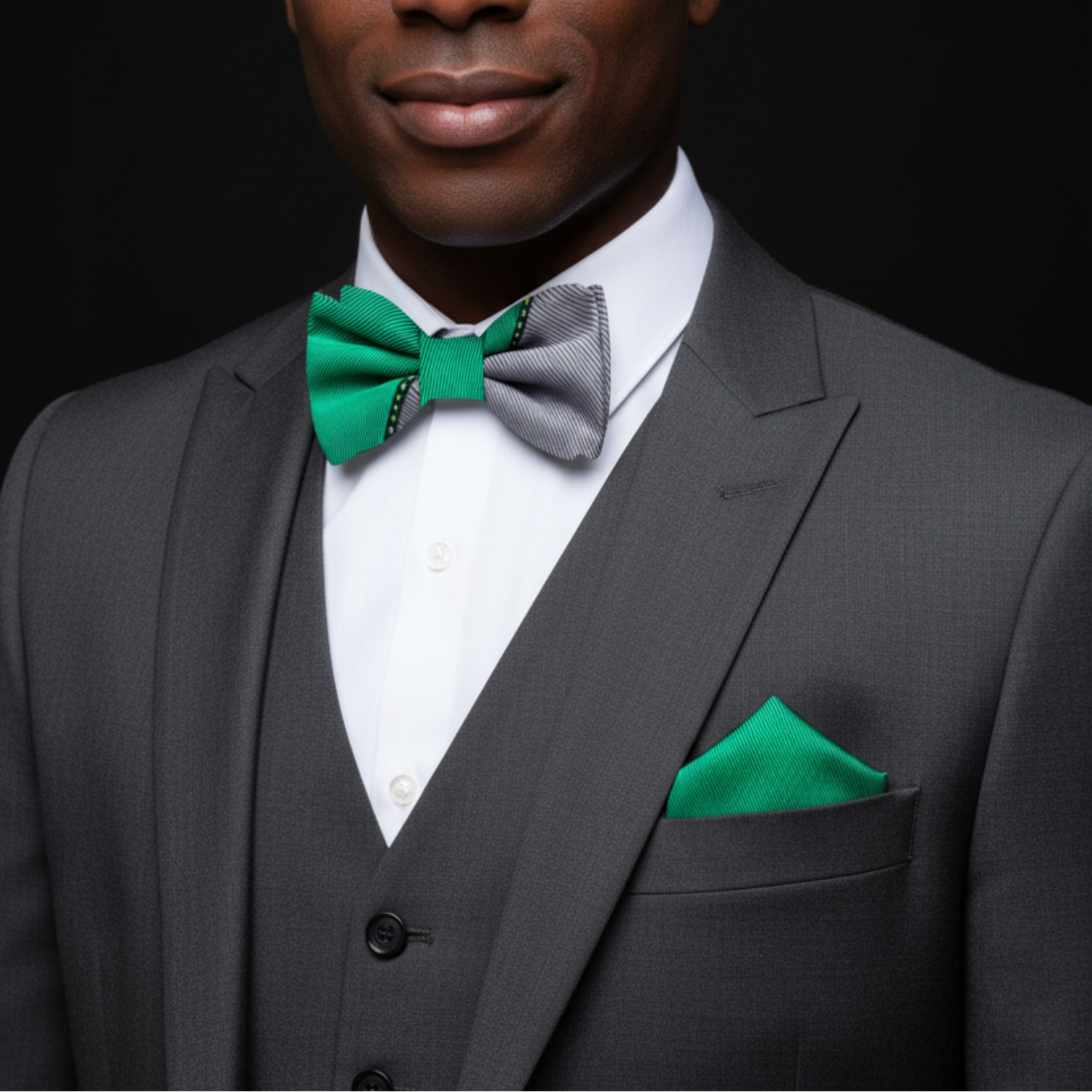 Main: Grey, Green Geometric Bow Tie and Pocket Square||Green, Grey, Black