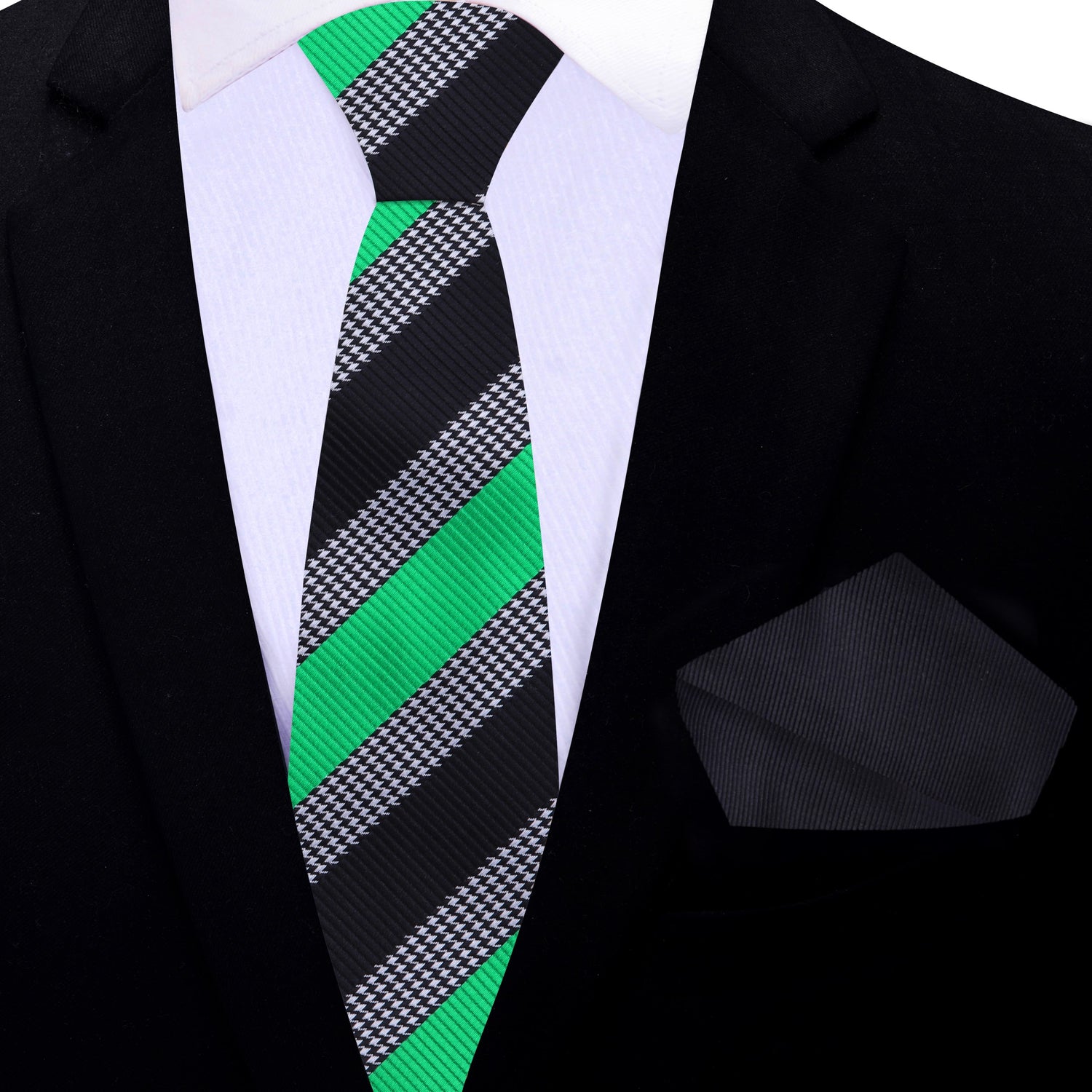 Thin Tie: Black, Green Stripe With Houndstooth Tie and Black Square