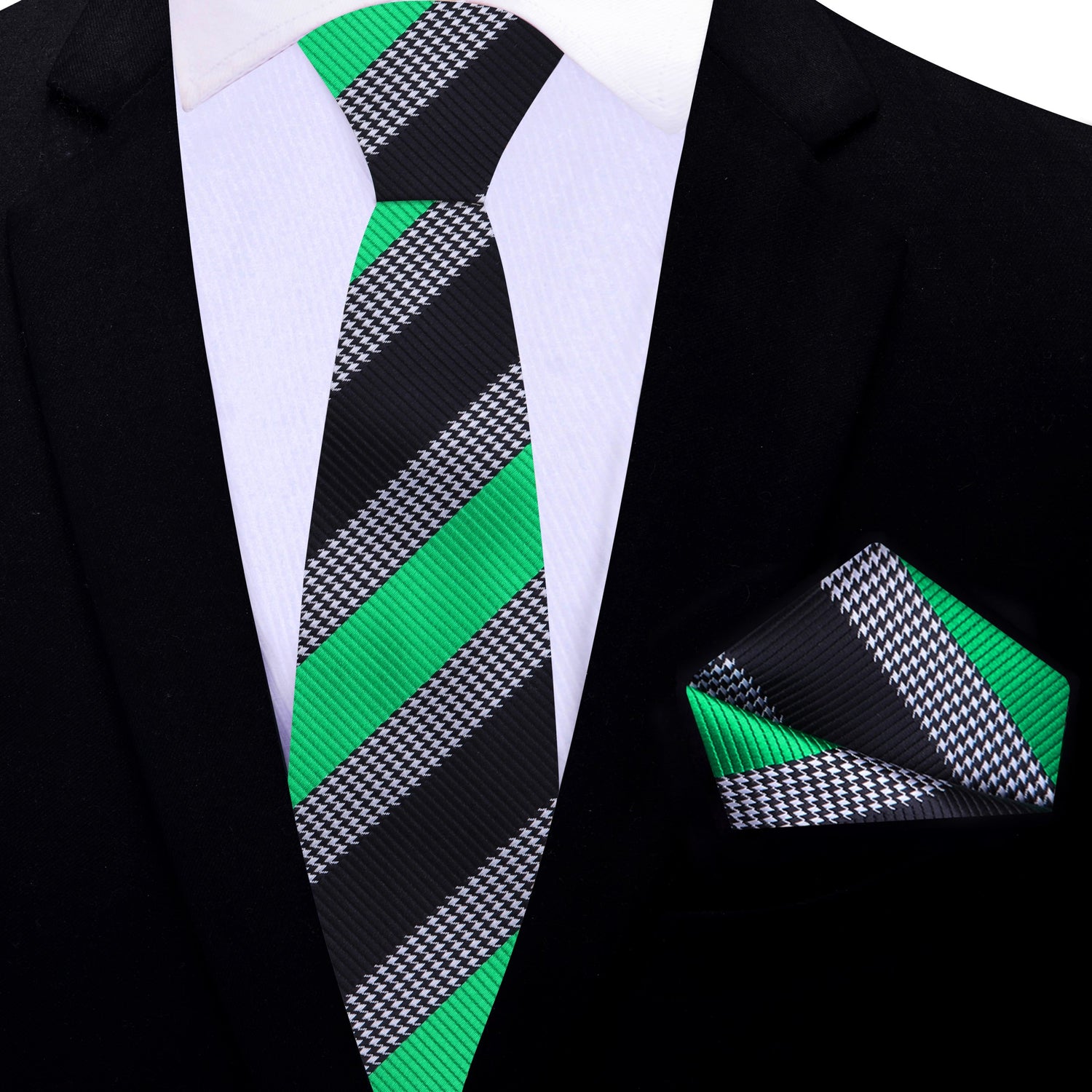 Thin Tie: Green, Black, Grey Stripe and Hounds-tooth Tie and Pocket Square