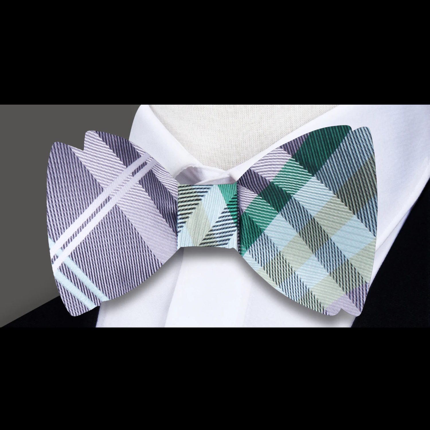 A Grey, Green, Black, White, Plaid Pattern Pre Tied Bow Tie