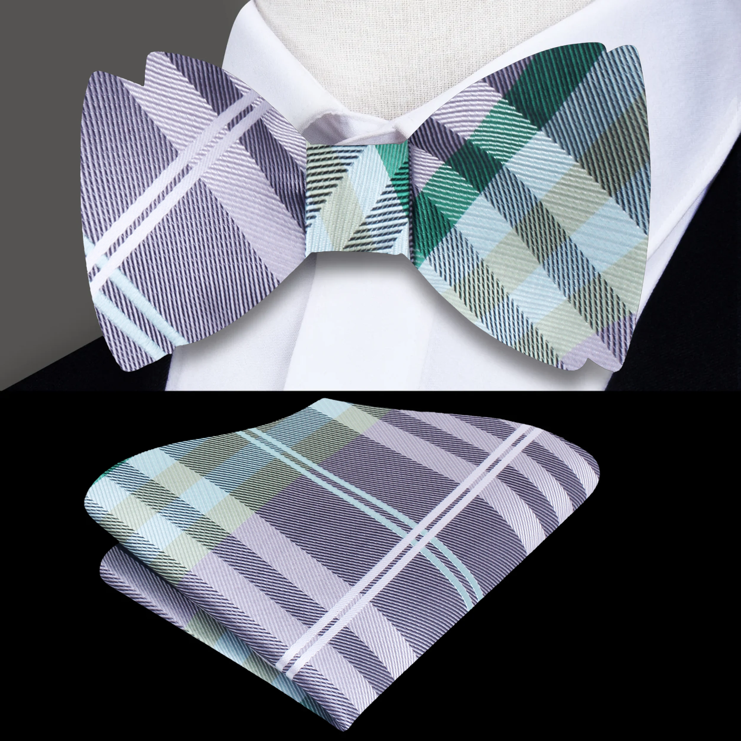 A Grey, Green, Black, White, Plaid Pattern Self Tie Bow Tie and Square
