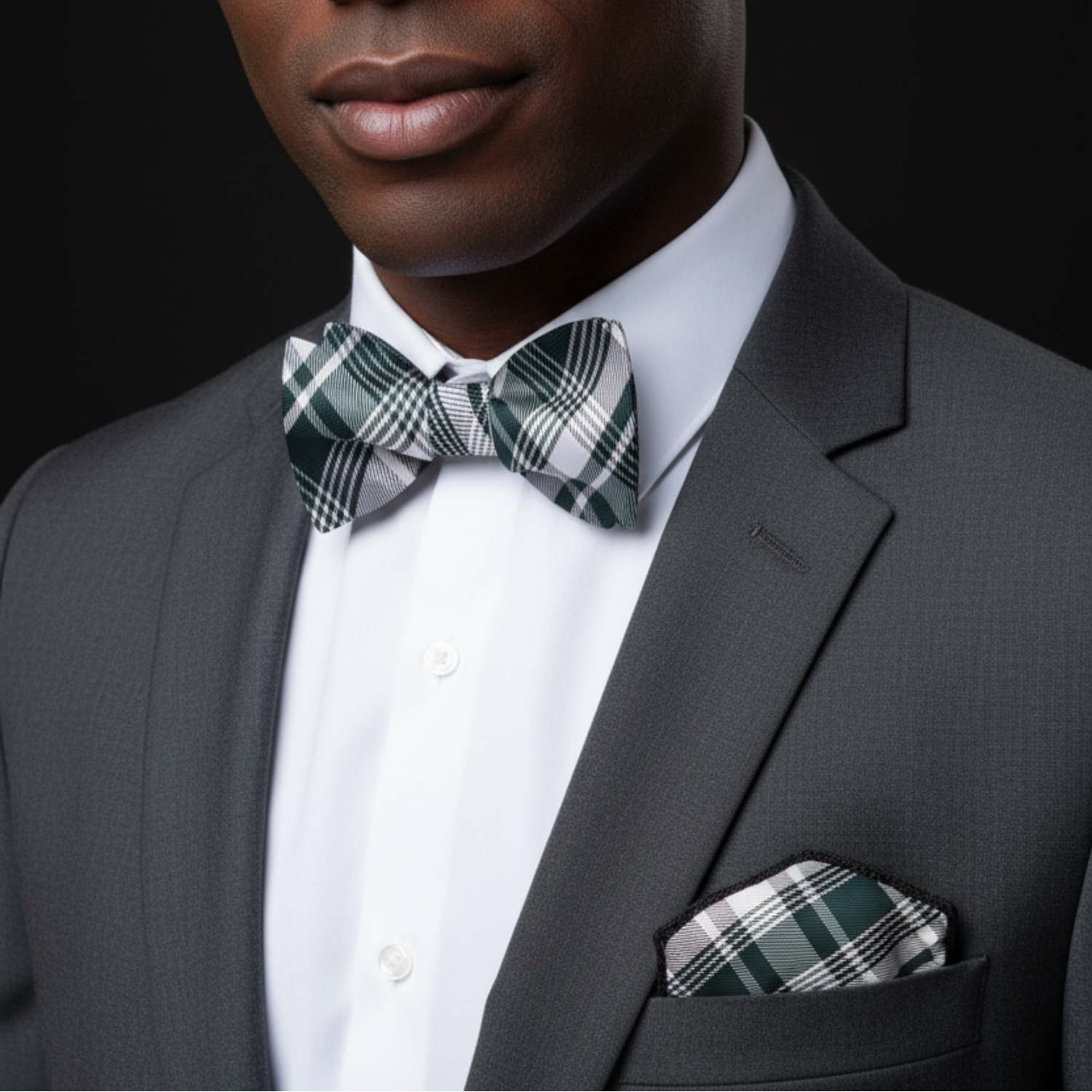 Sage plaid bow tie and square on man