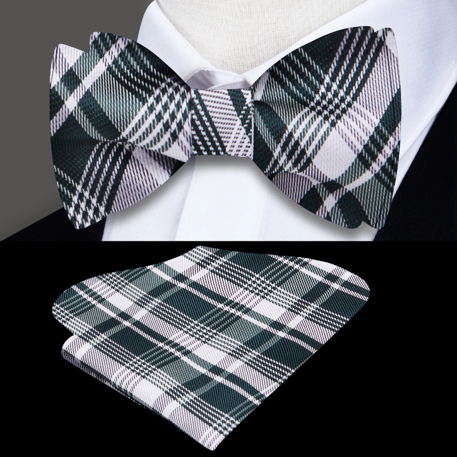 Main: A Green, Grey Plaid Pattern Self Tie Bow Tie, Matching Pocket Square