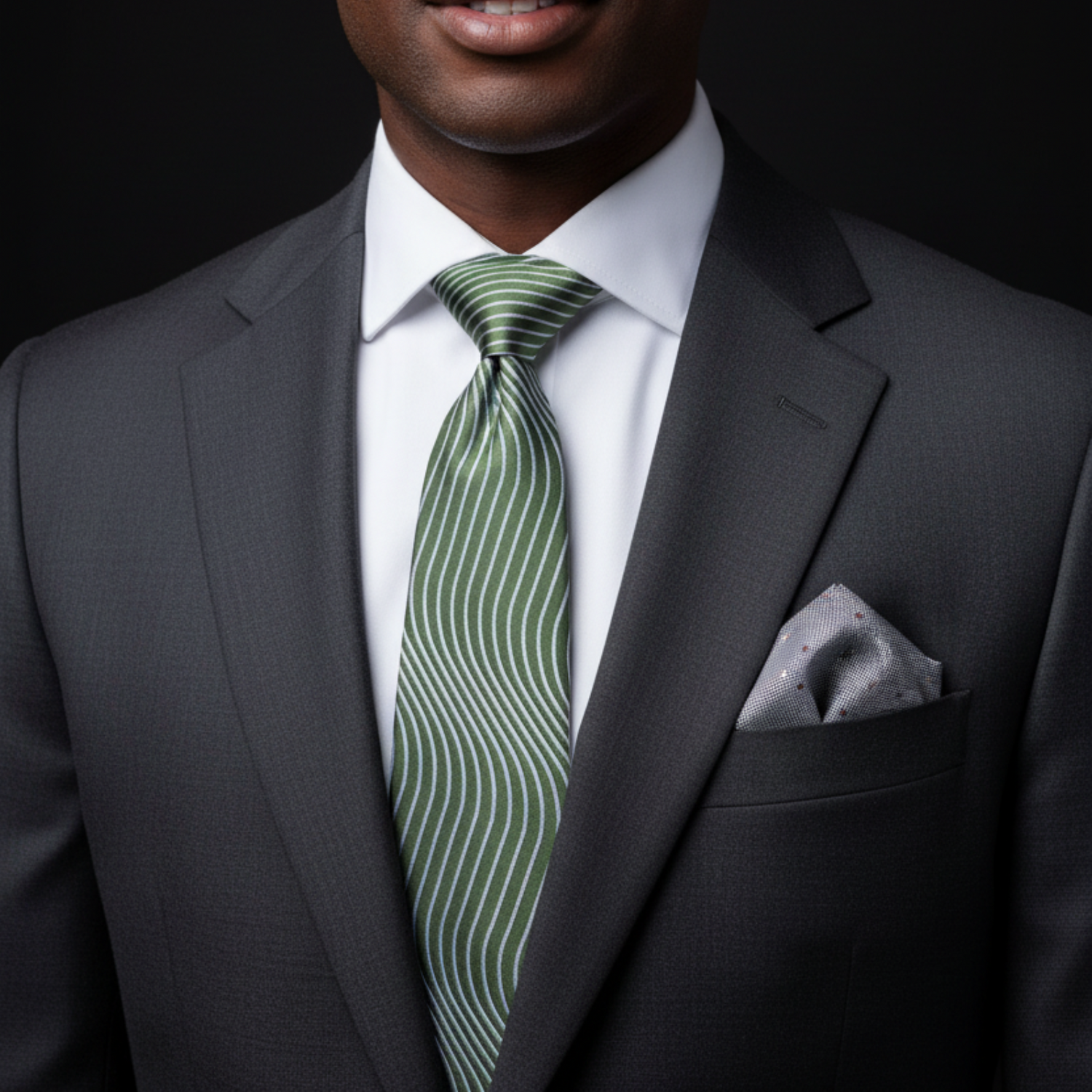 Man wearing a gray suit with a green patterned tie and white shirt on a black background