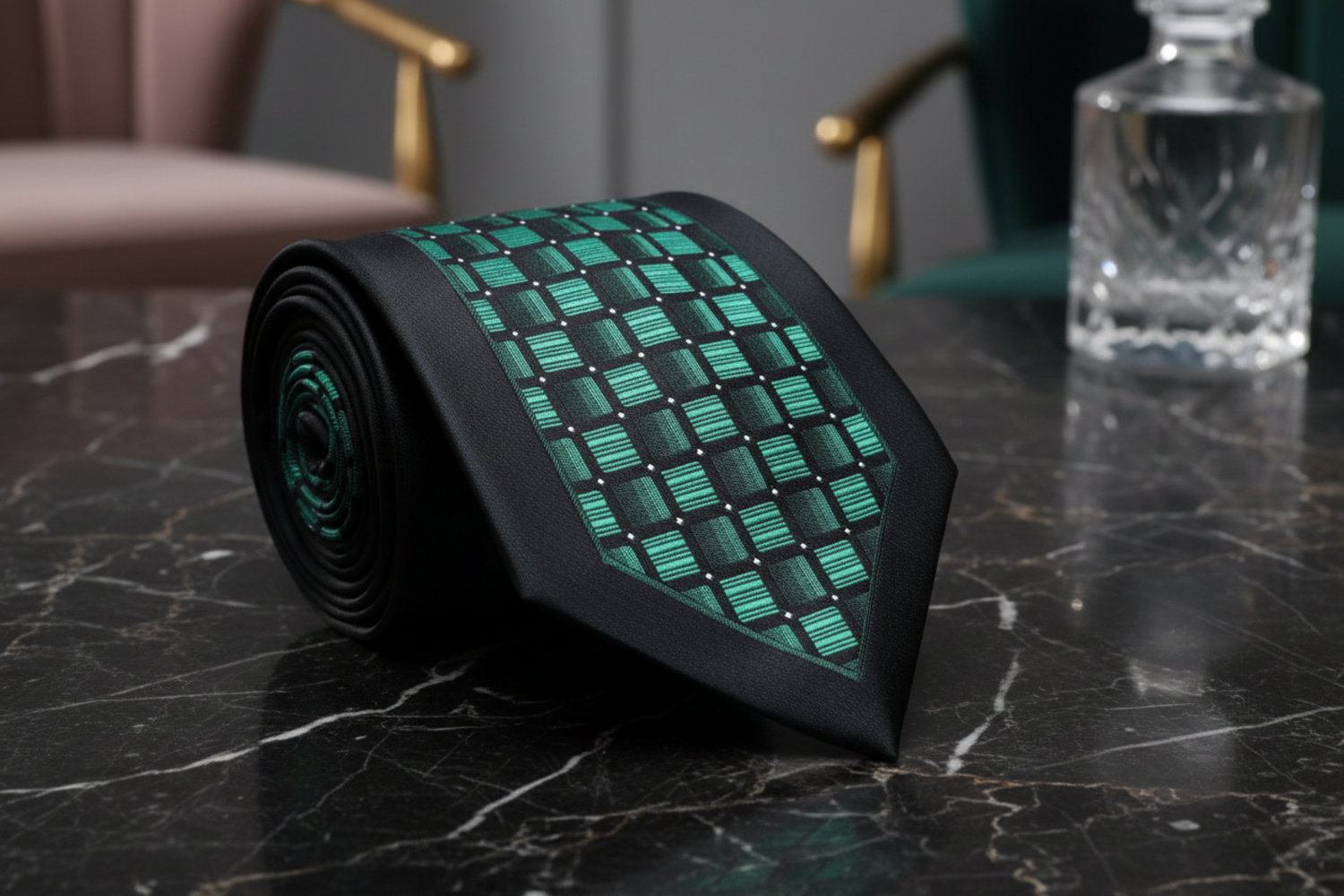 A rolled-up necktie with a green and black geometric honeycomb pattern