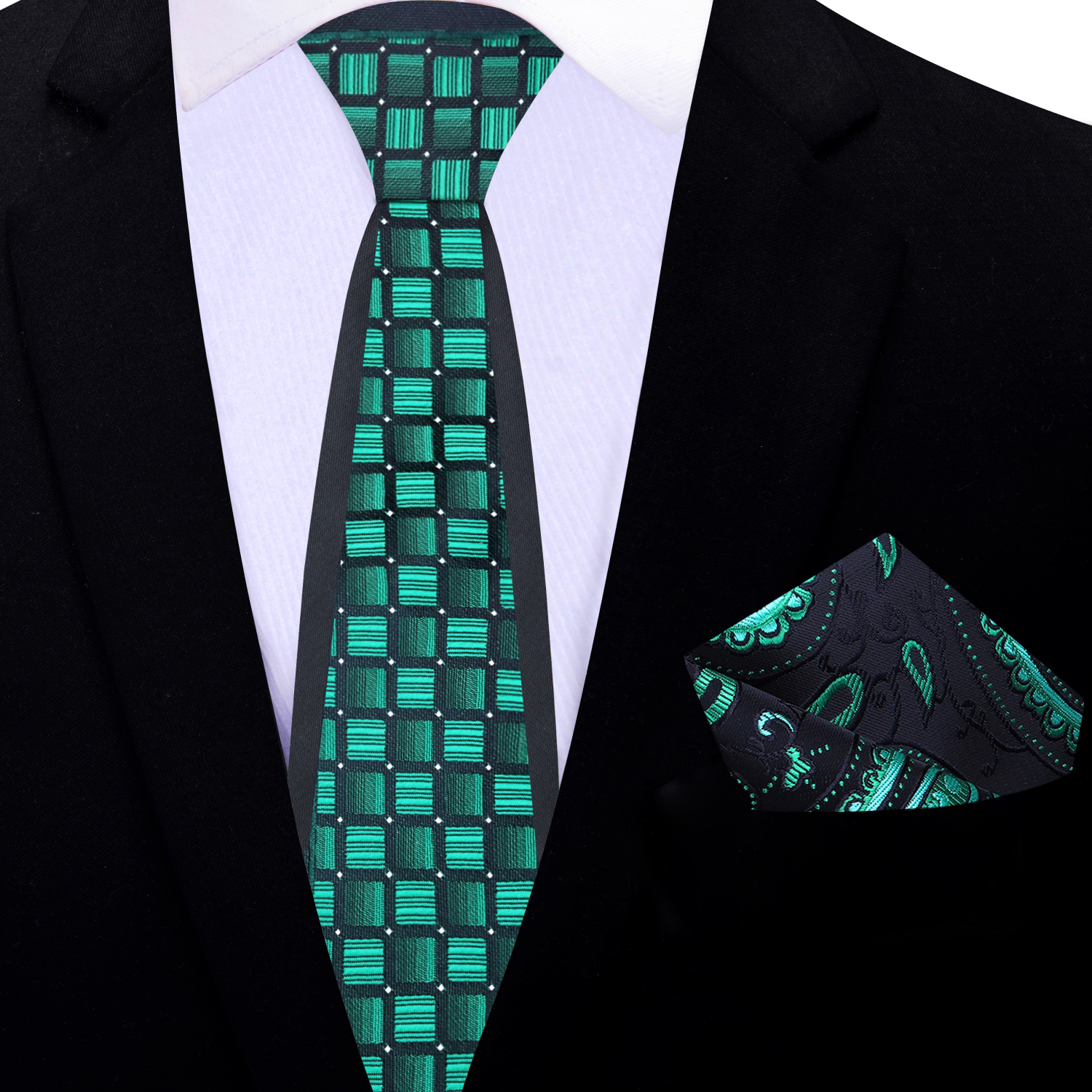 Green honeycomb thin tie and accenting square 
