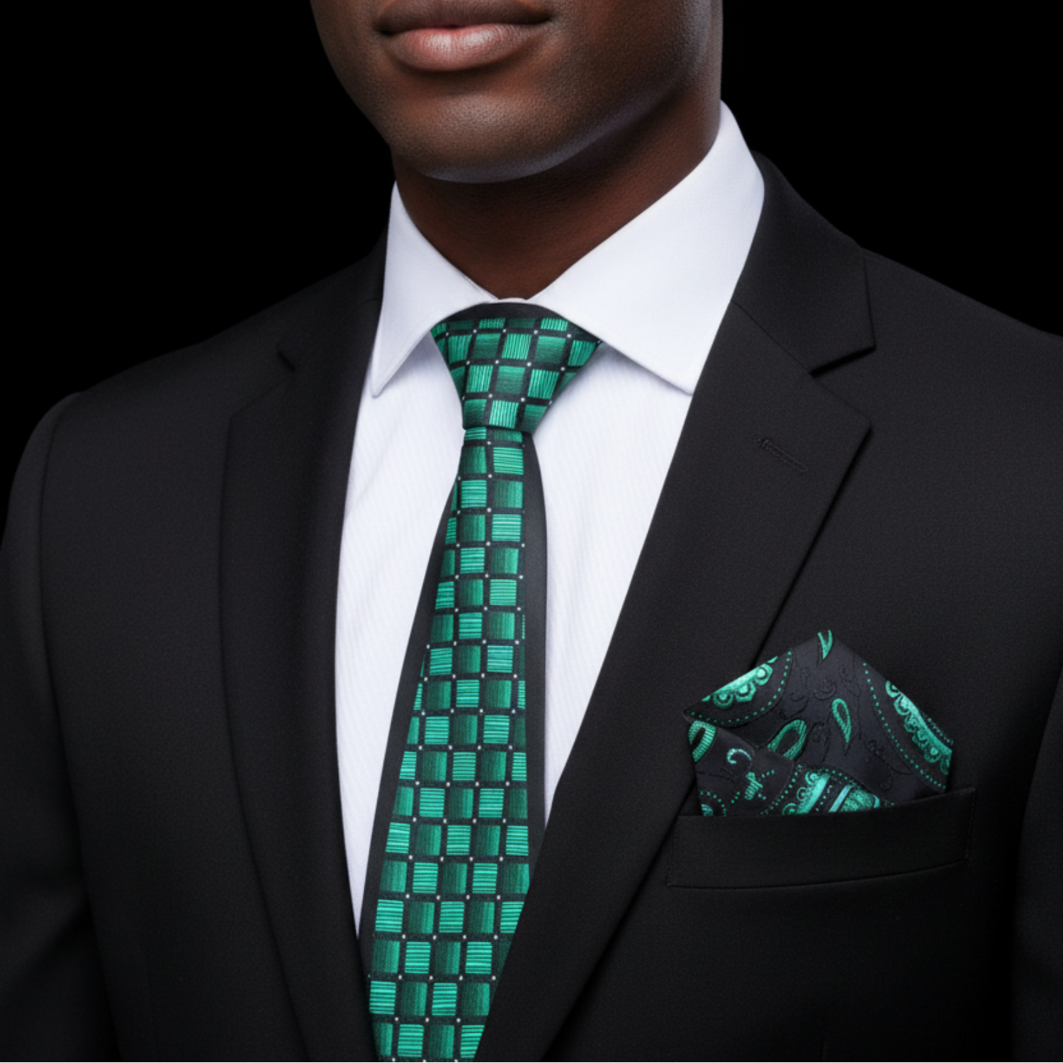 Green geometric thin tie and accenting square