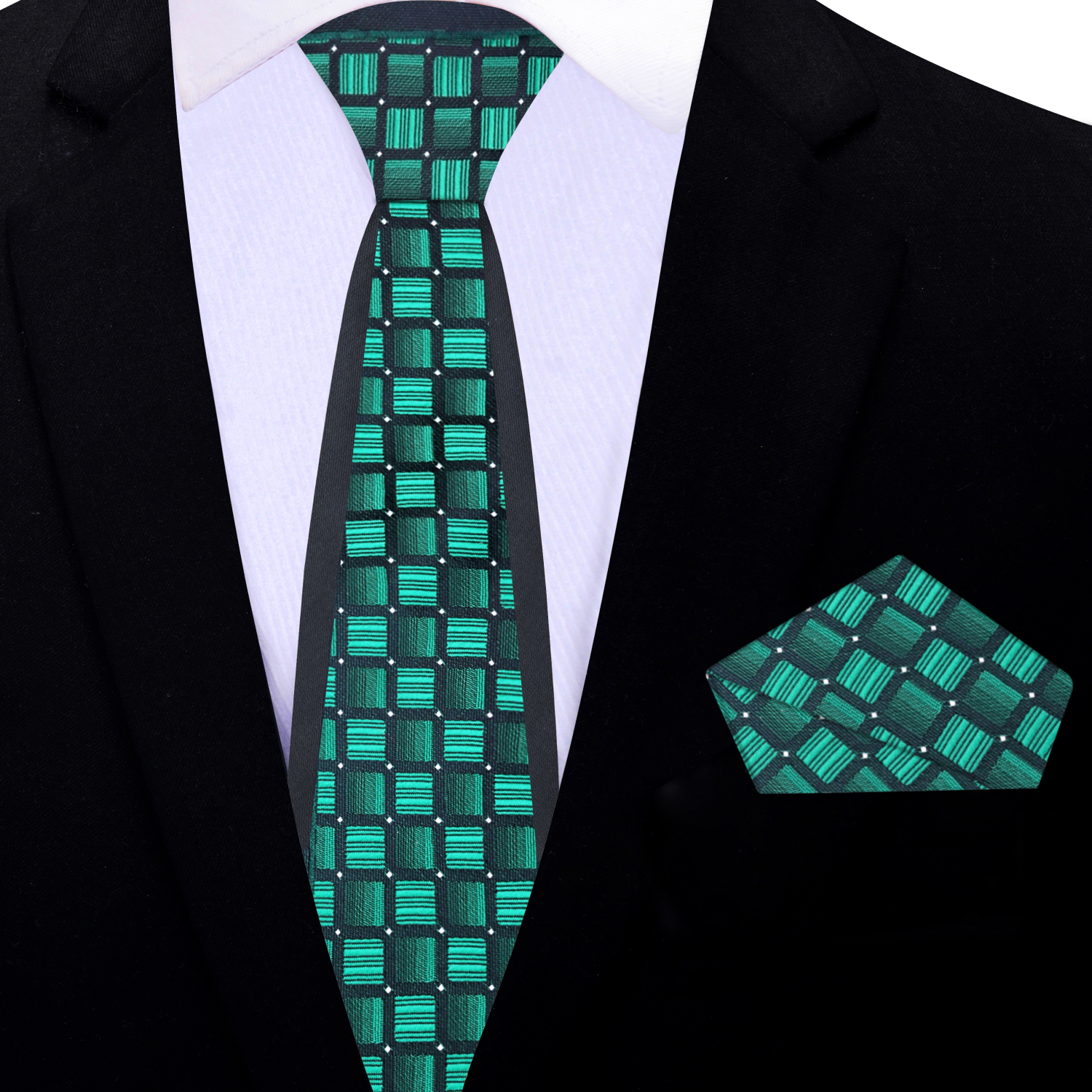 Green geometric thin tie and matching square