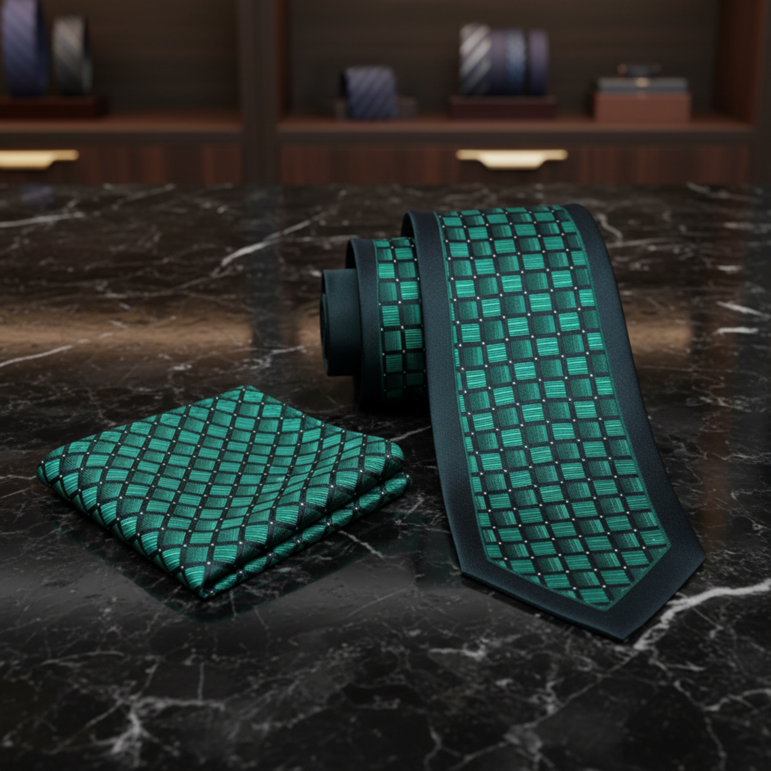 A men's necktie and matching pocket square set, both featuring a woven-style green and black geometric pattern, displayed on a solid white background.