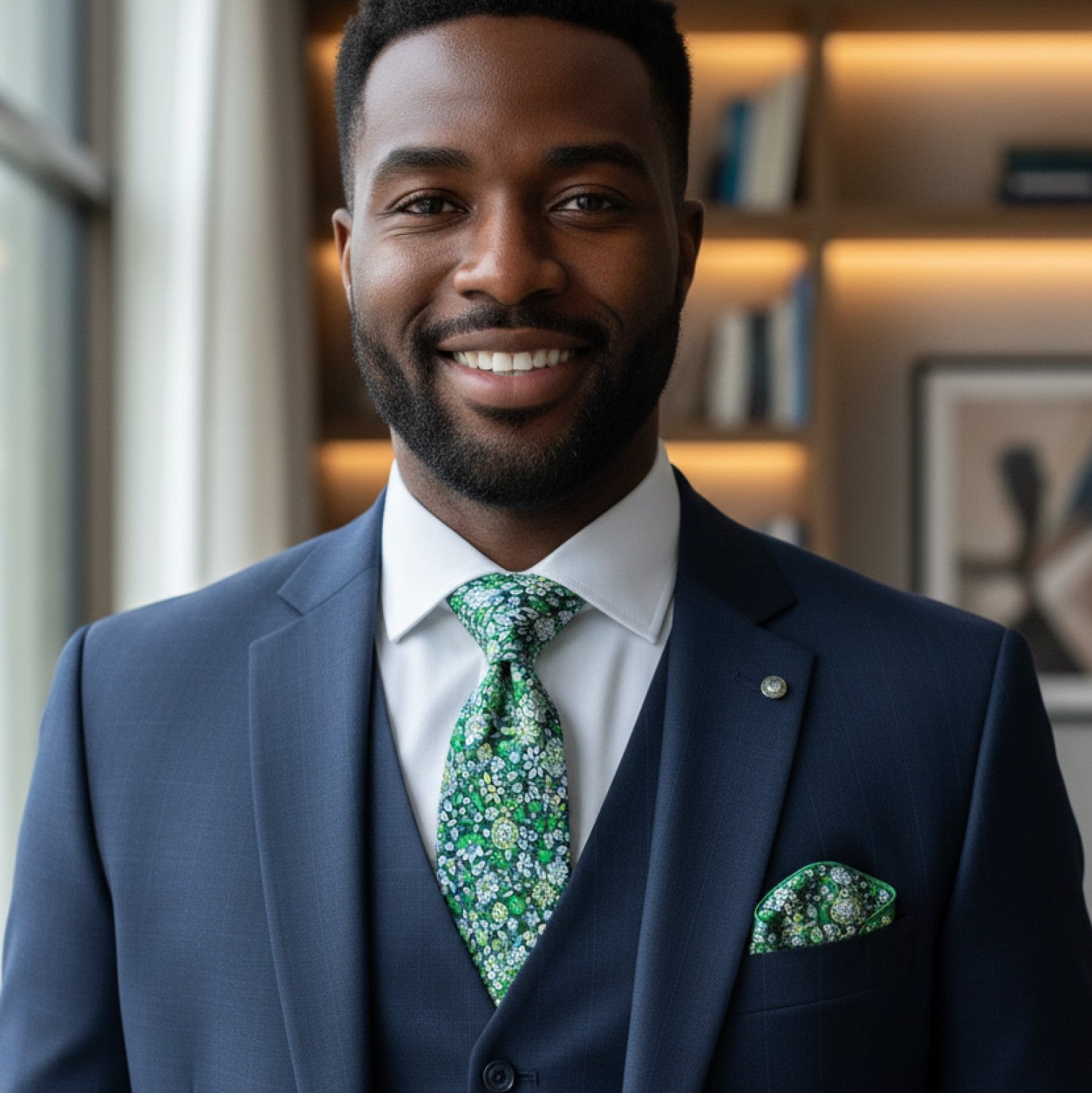 Man wearing a navy suit with a green patterned tie and pocket square, smiling in an indoor setting.