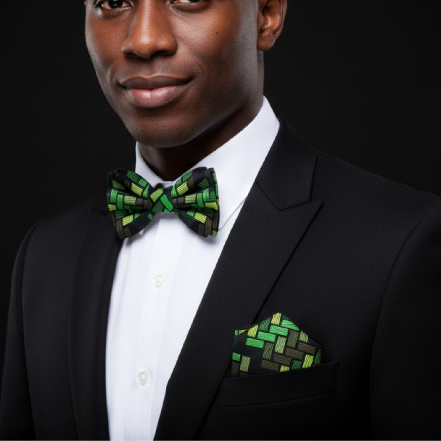 Black, Green, Light Green Jigsaw Bow Tie and Square