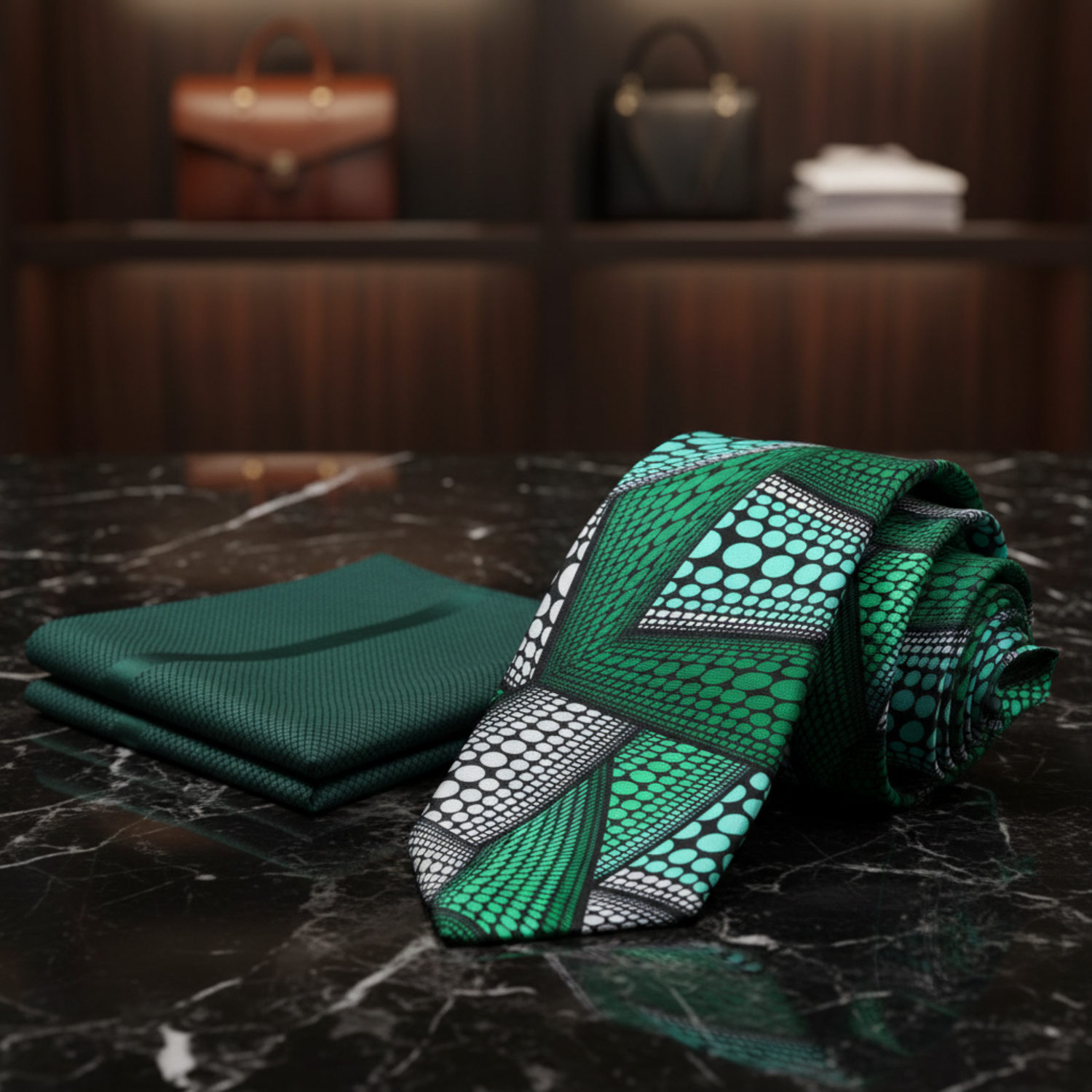 Alt View: Green, Light Blue Abstract Necktie And Green Square