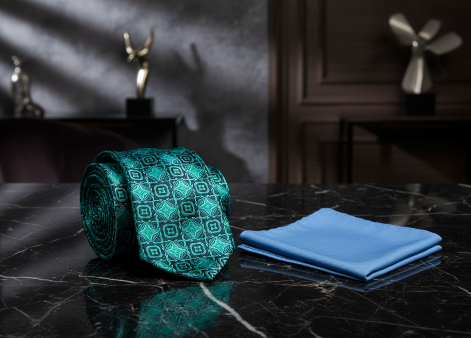 Alt View: Green Geometric Tie and Light Blue Square
