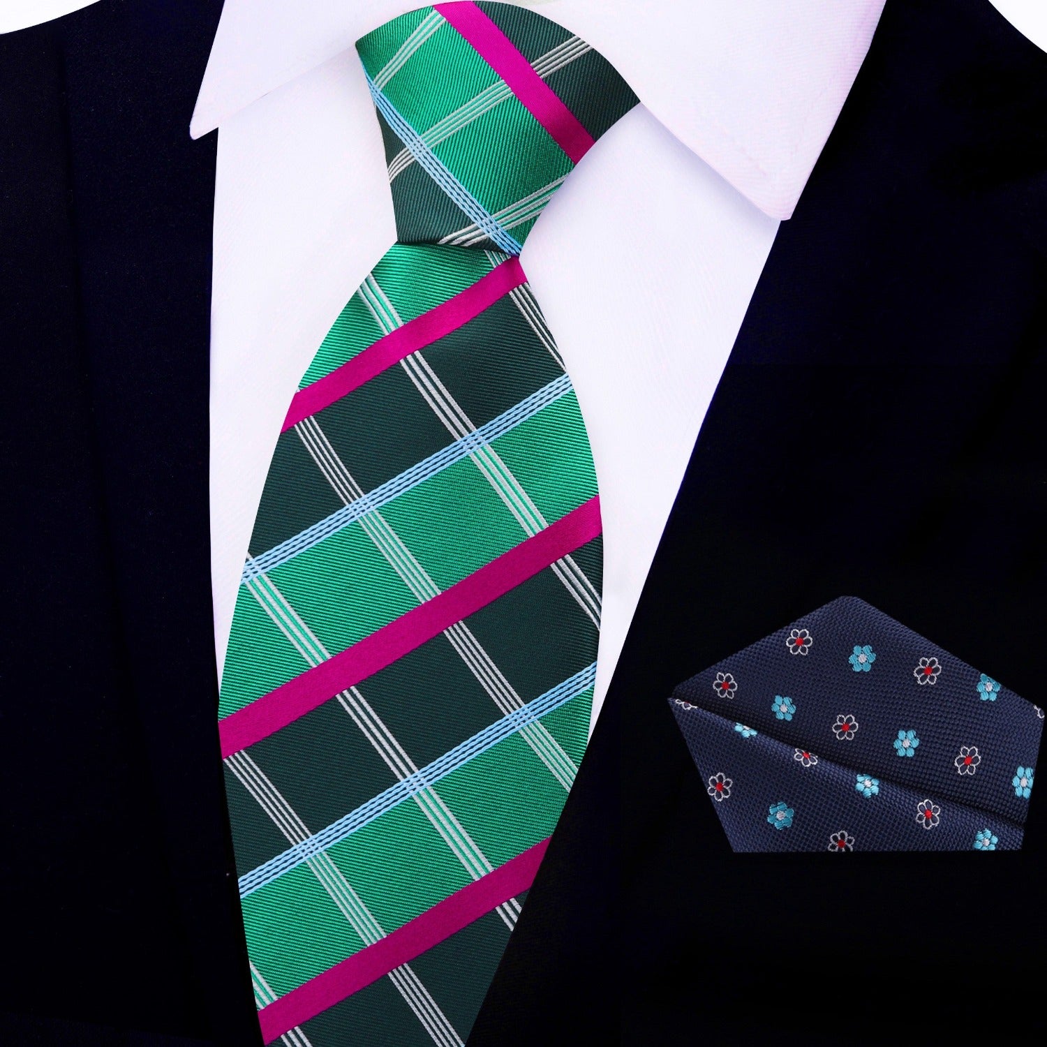 View 2: Green, Magenta Plaid Necktie and Blue Floral Square