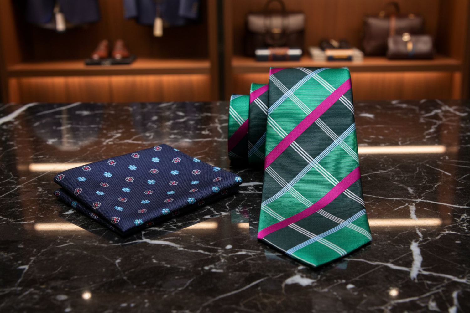 Alt View: Green, Magenta Plaid Necktie and Blue Floral Square