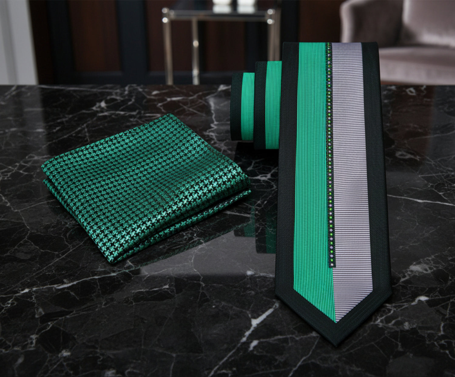 Alt View: Black, Green, Grey Abstract Tie with Green, Black Hounds Tooth Pocket Square