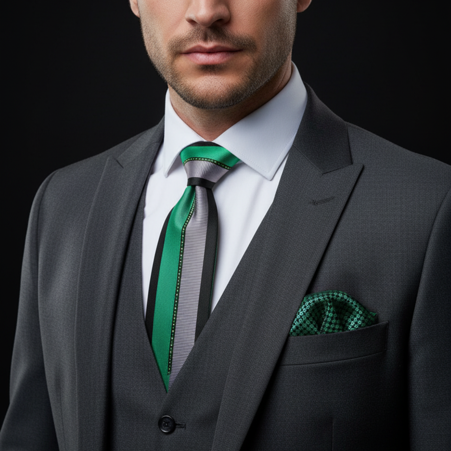 Man wearing a gray suit with a green tie and pocket square against a black background