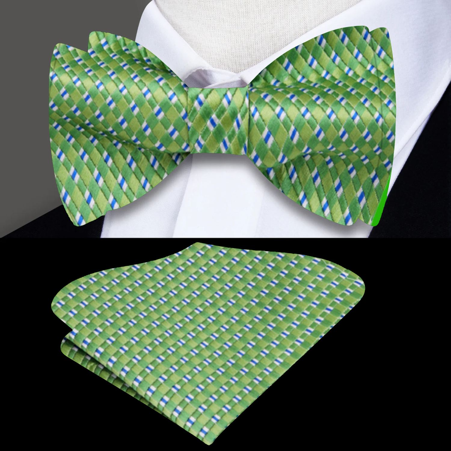 A Green, Blue Small Checks Pattern Silk Self Tie Bow Tie, Pocket Square||Green