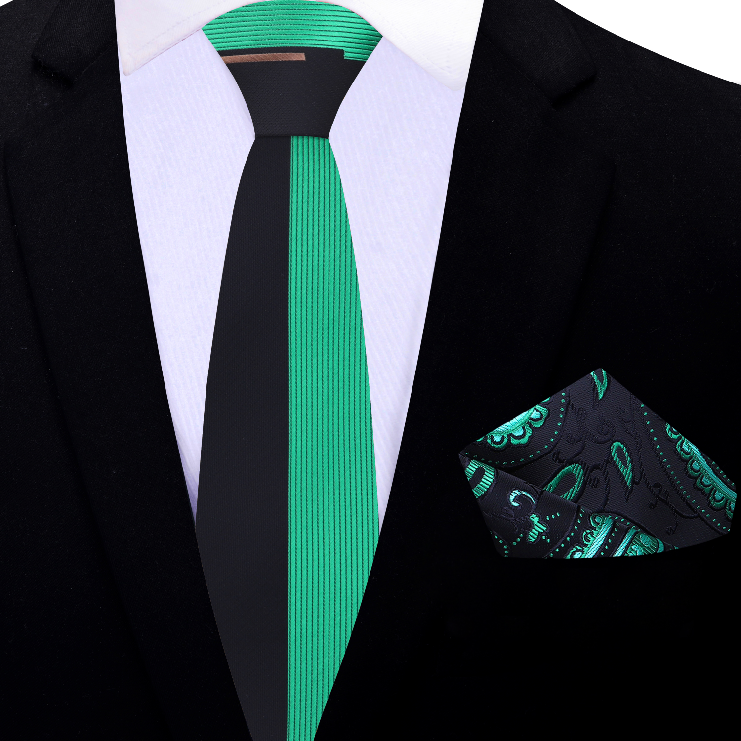 Thin Green and Black Stripe Tie and Accenting Square