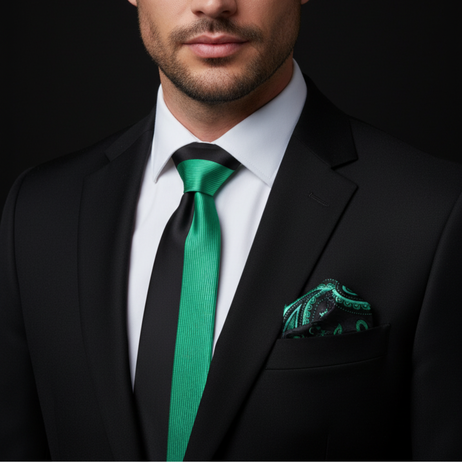 Man wearing a black suit with a green tie and matching pocket square against a dark background