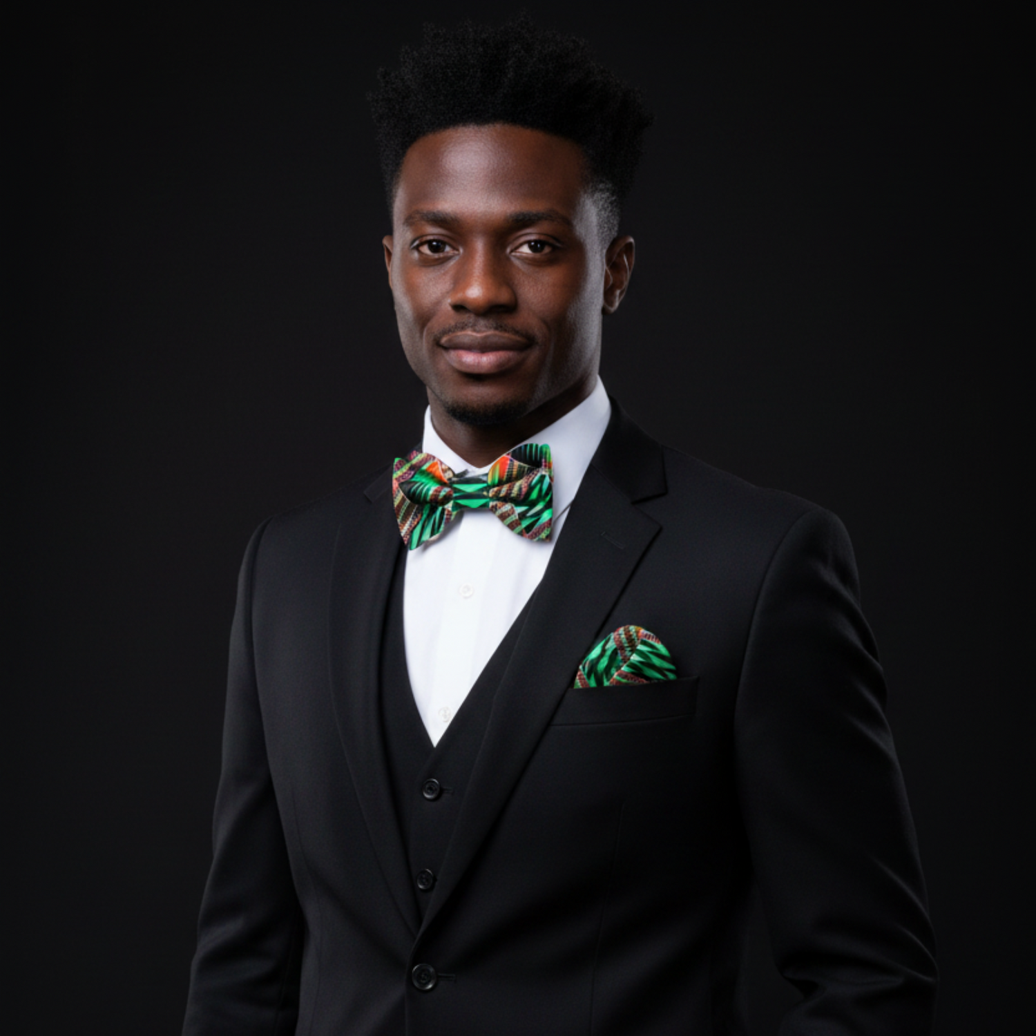 Man wearing a black suit with a green patterned bow tie and pocket square on a black background