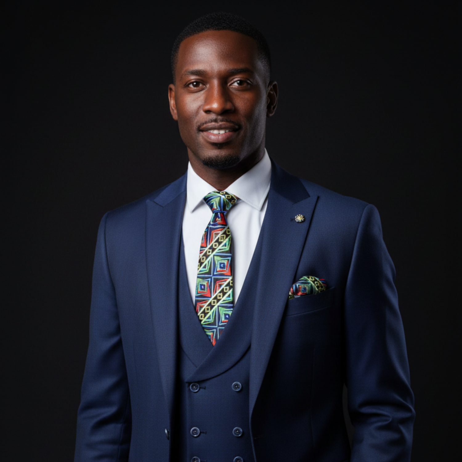Man wearing a blue suit with a colorful tie on a black background