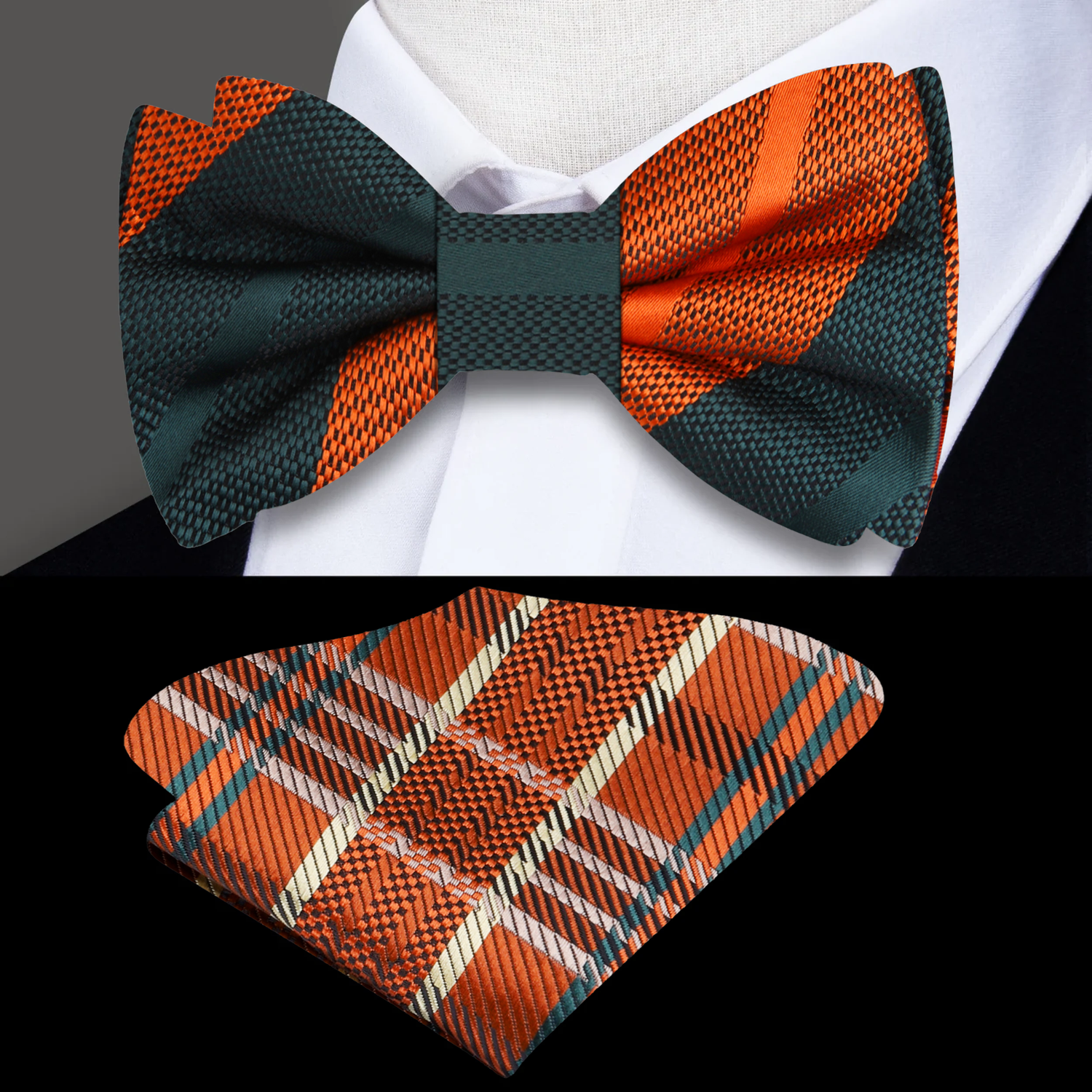 Green Orange Stripe Bow Tie and Accenting Square